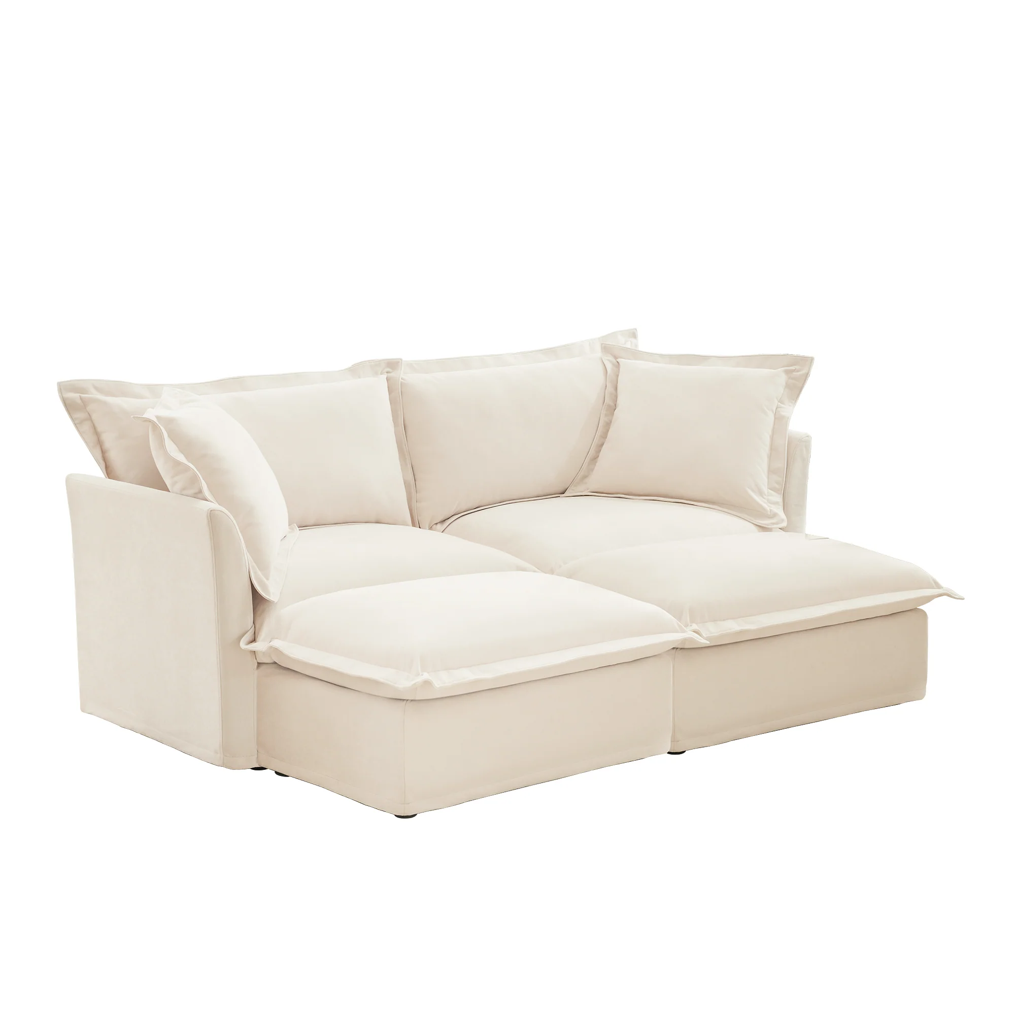Walker Edison | Wide Deep Seat Slipcovered Beige Loveseat Sofa with 2 Ottomans