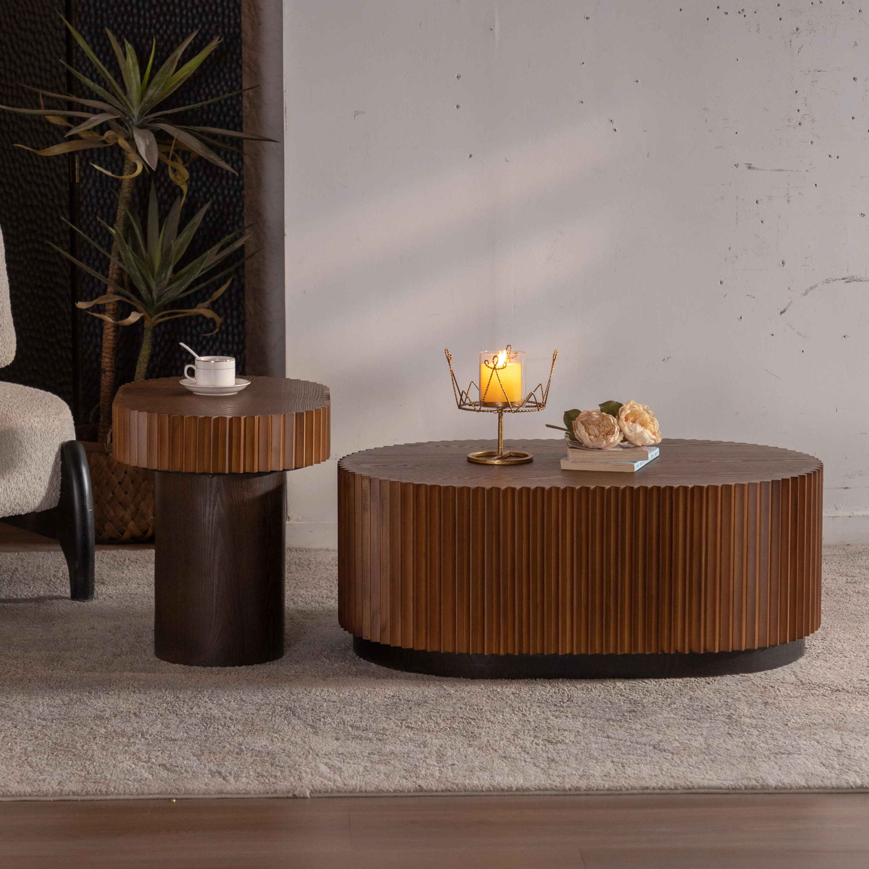 Walker Edison | Modern Fluted Round Nesting Coffee Table Set of 2