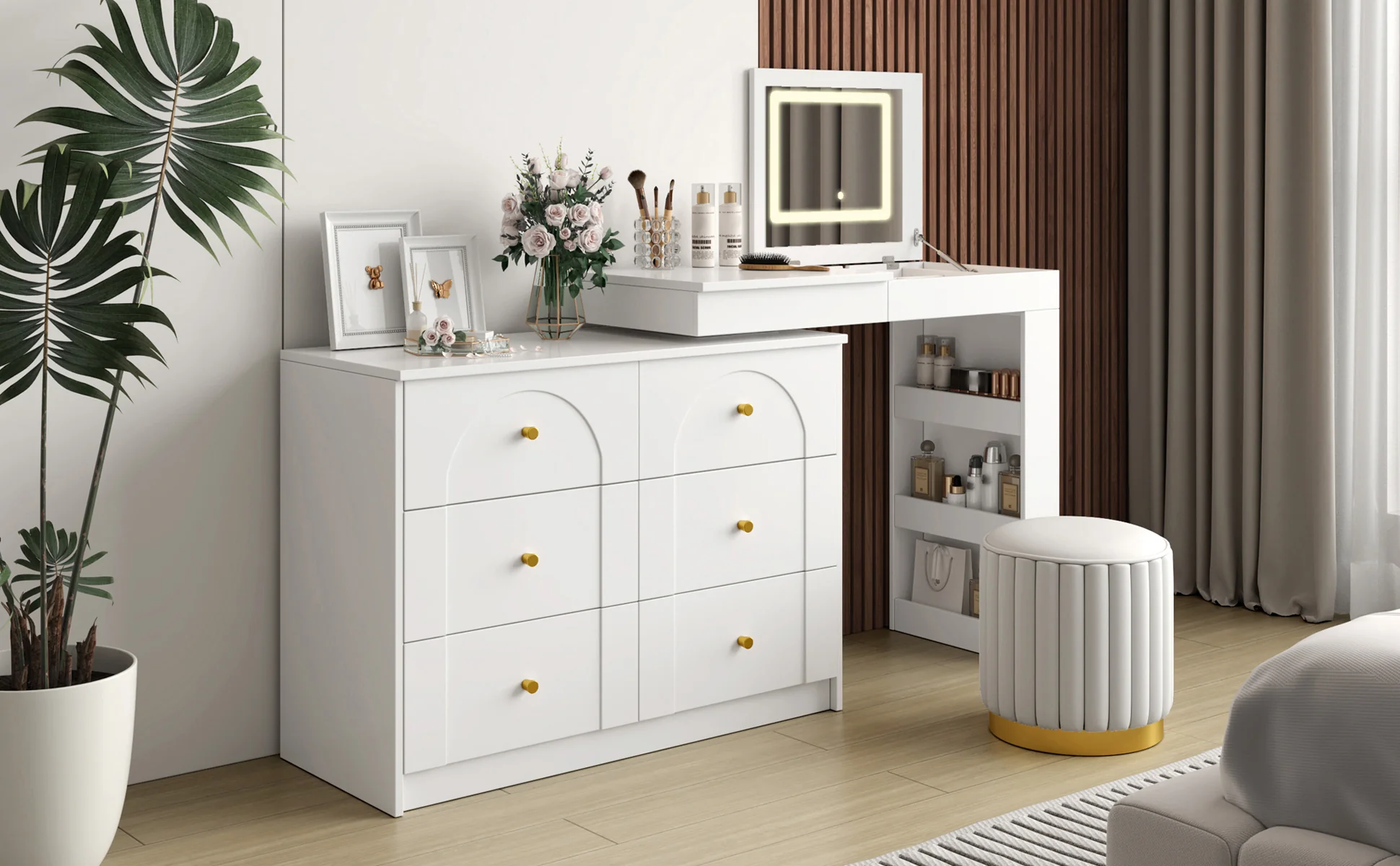 Walker Edison | White Multi-Functional Vanity Desk Dresser Set with Flip Mirror and Lights
