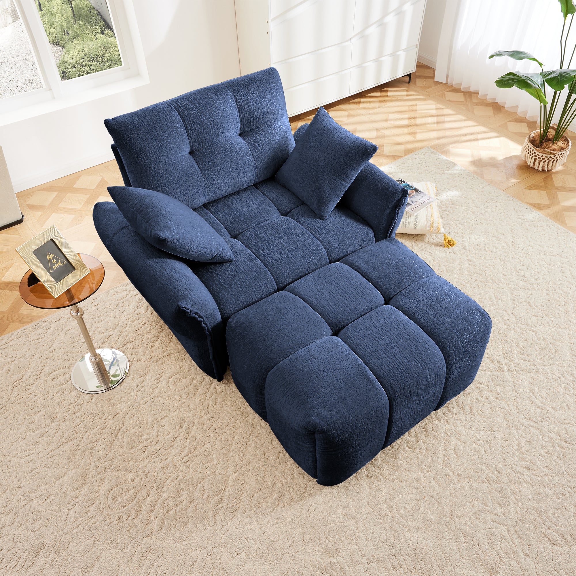 Walker Edison | Modern Ergonomic Blue Chenille Accent Chair with Ottoman Set