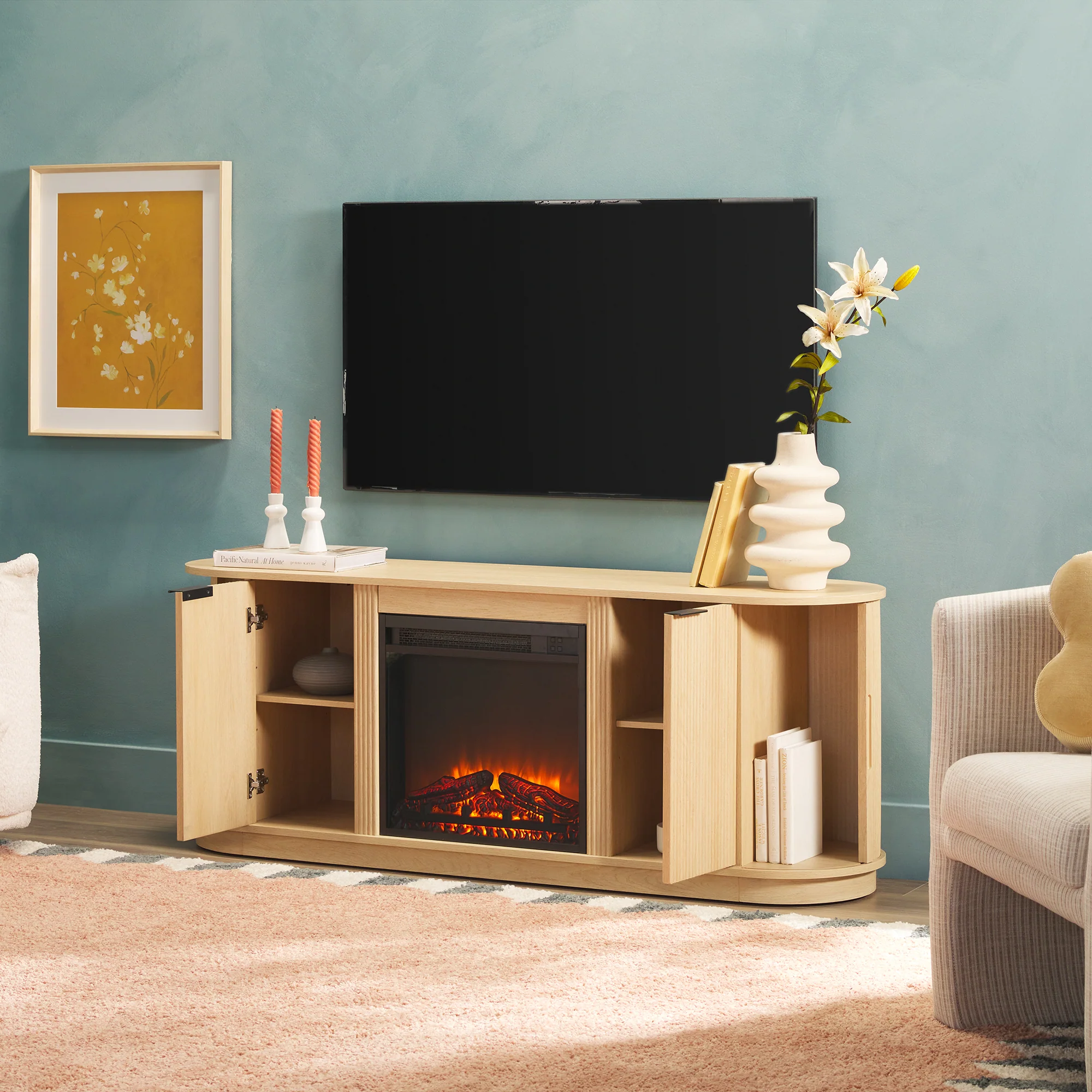 Chloe Modern Scandinavian Reeded Fireplace TV Stand in 2 Sizes