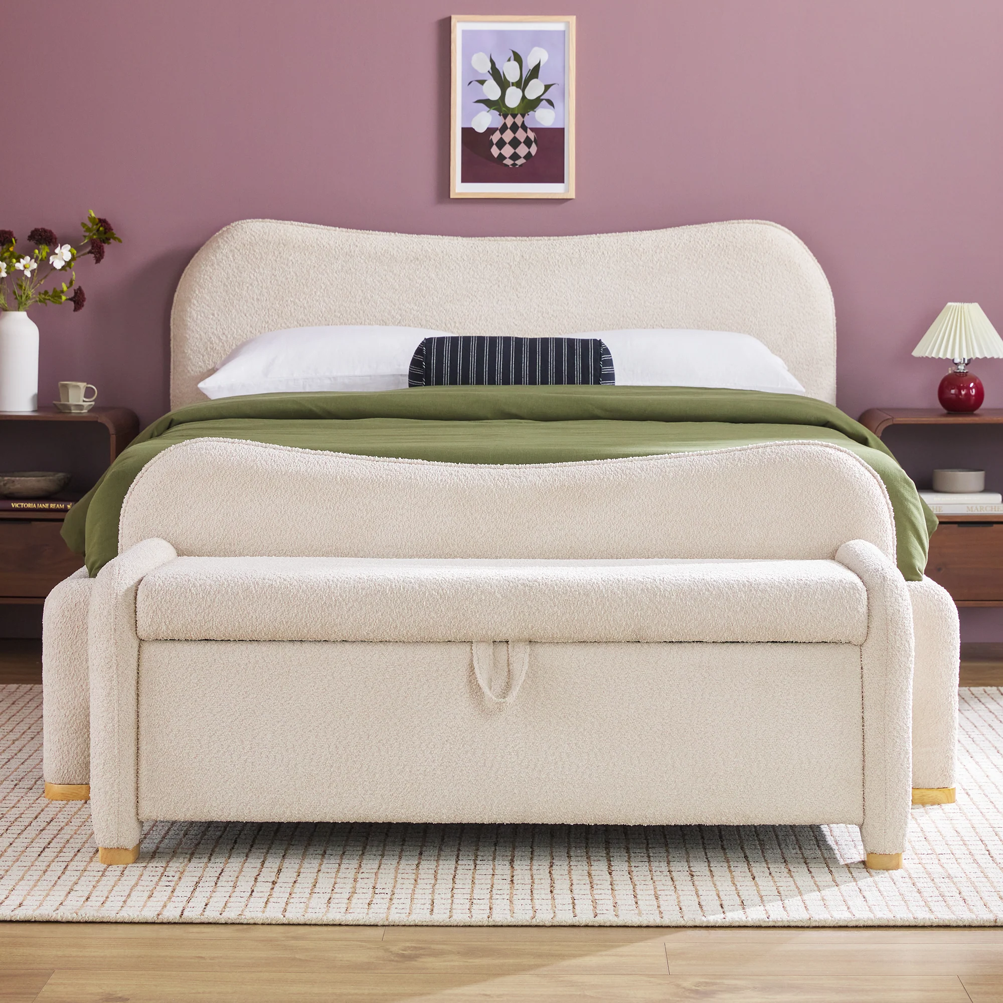 Chantelle Modern Curved Boucle Upholstered Bench with Storage