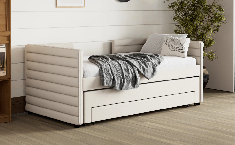 Walker Edison | Twin Size Upholstered Daybed with Trundle and 3 Storage Drawers