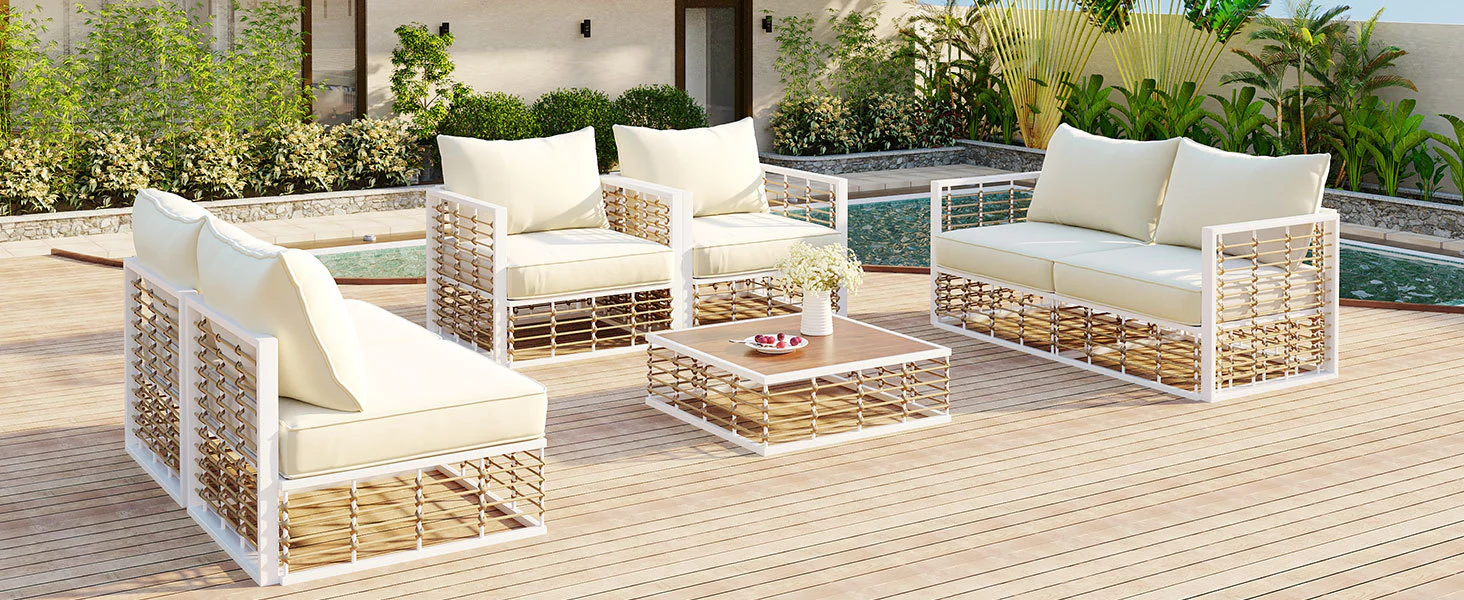Walker Edison | White Modern Minimalist 7-Piece Metal Outdoor Patio Sectional Sofa Set