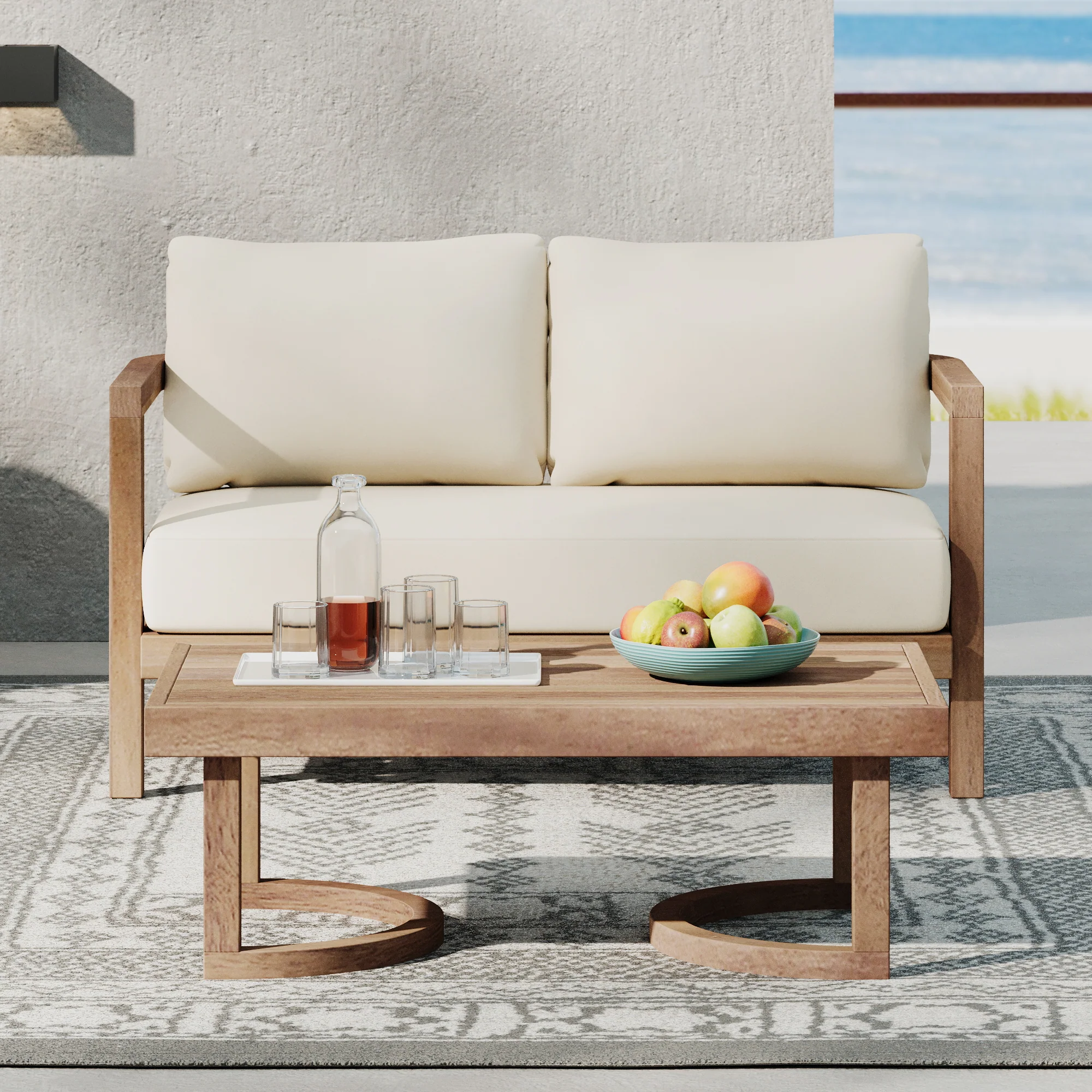 Walker Edison | Modern Outdoor Acacia Wood Patio Loveseat and Coffee Table
