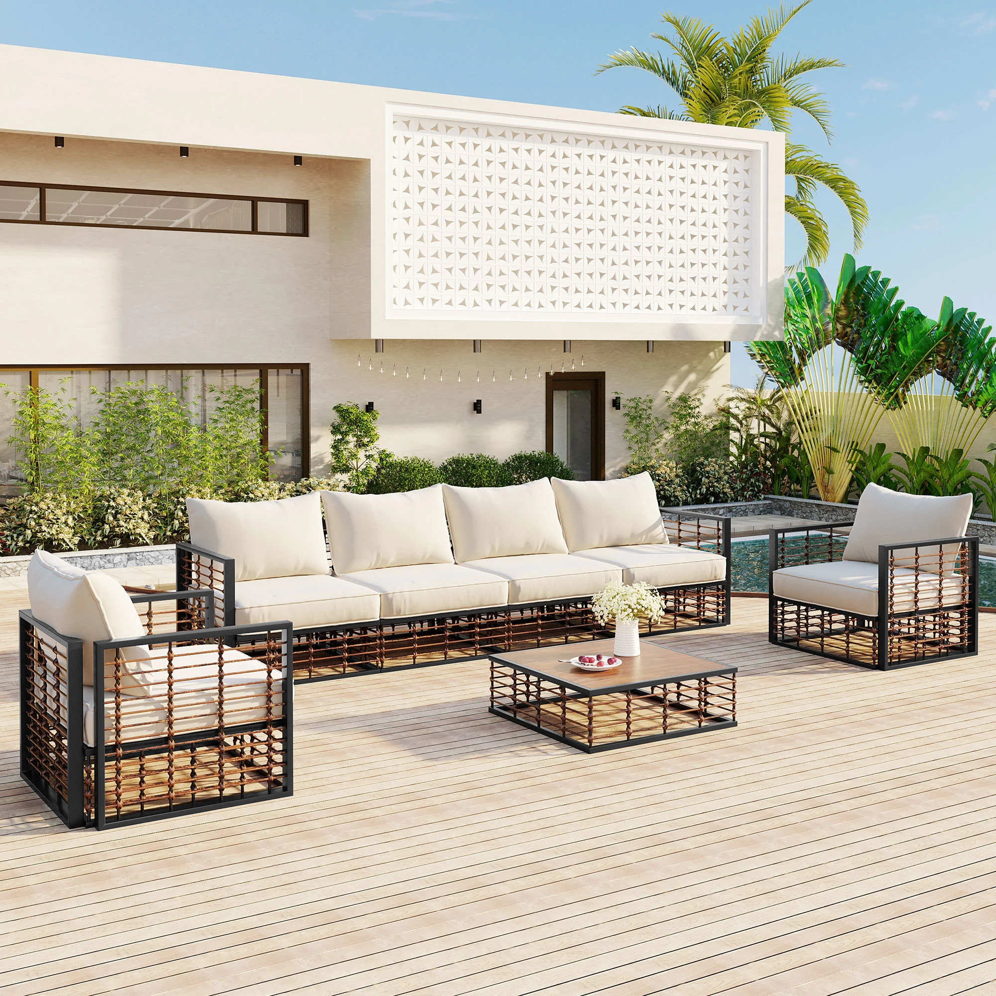Walker Edison | Modern Minimalist 7-Piece Metal Outdoor Patio Sectional Sofa Set
