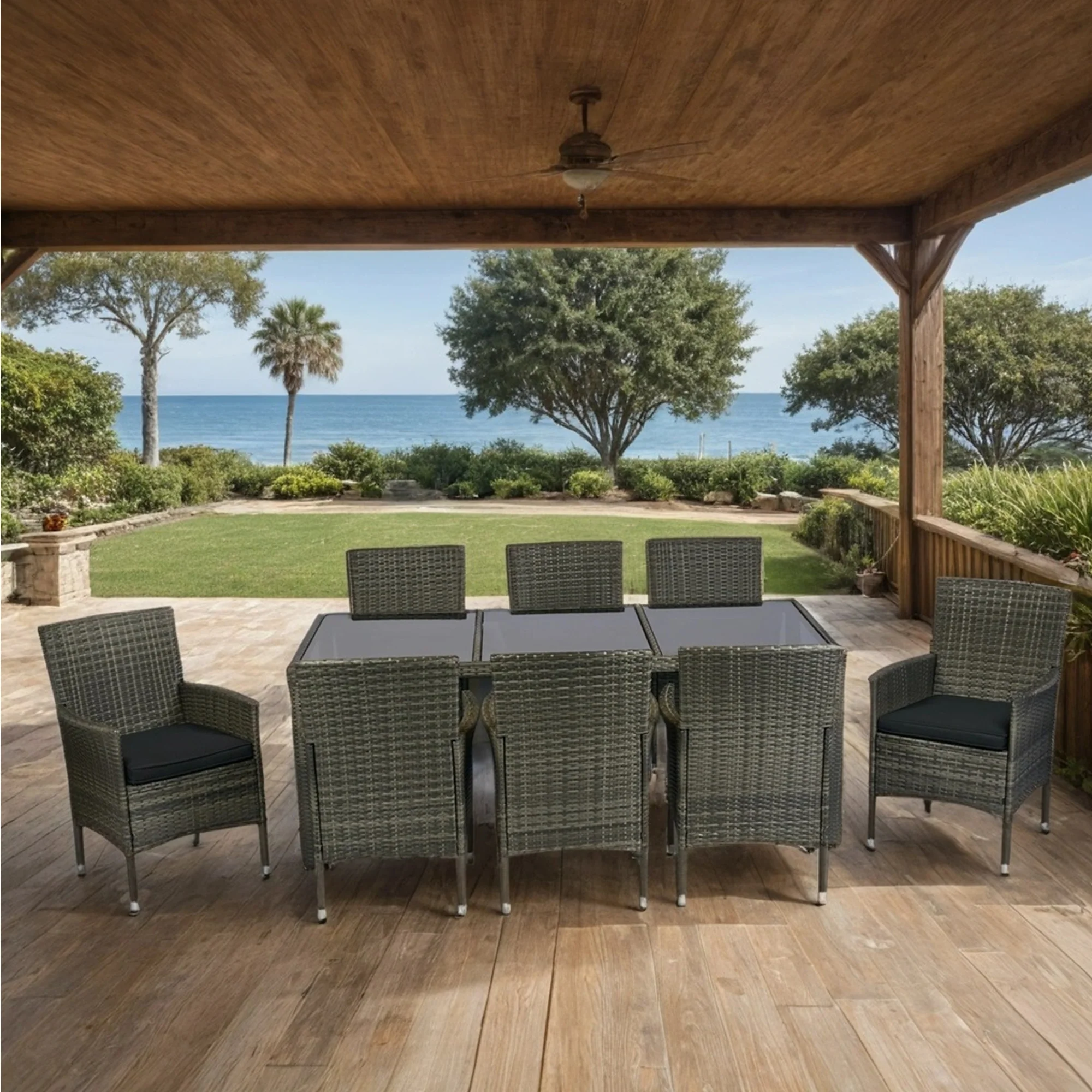 Walker Edison | 9 piece Outdoor Patio Wicker Dining Set with Glass Top