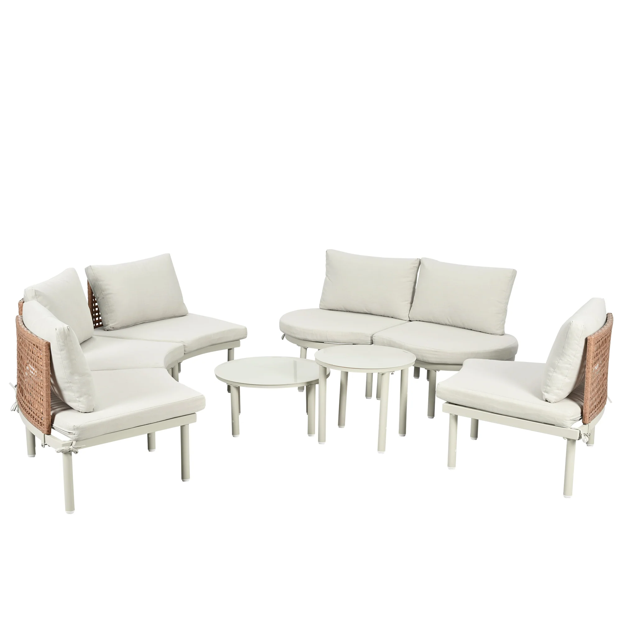 Walker Edison | Minimalist Half Moon Outdoor 8-Piece Modular Sofa Set with Nesting Tables