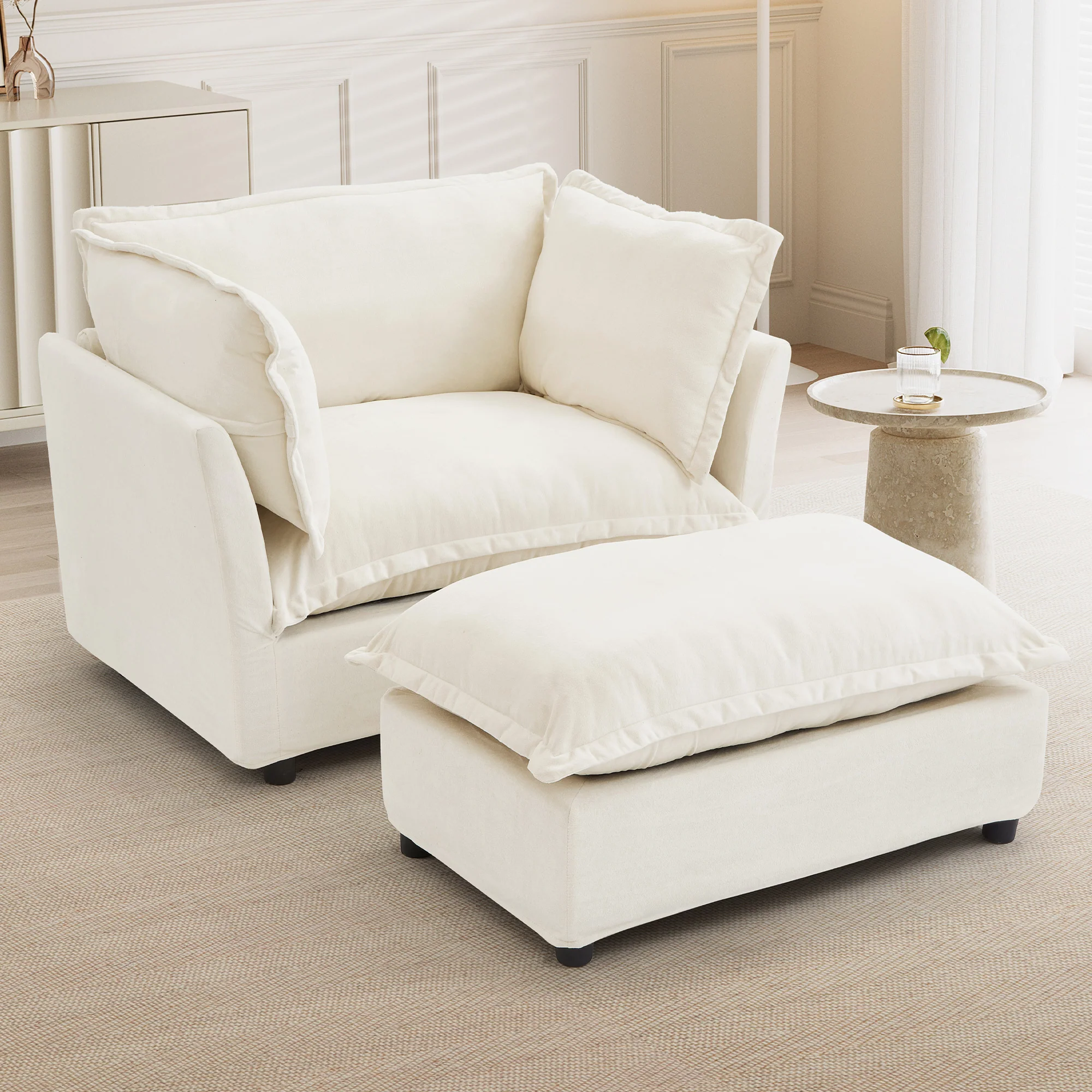 Walker Edison | Cozy Modern Chenille Armchair with Ottoman