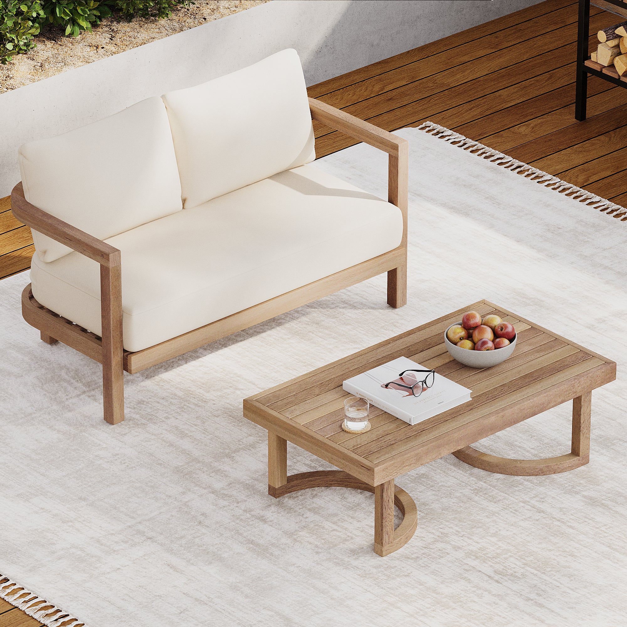 Walker Edison | Modern Outdoor Acacia Wood Patio Loveseat and Coffee Table