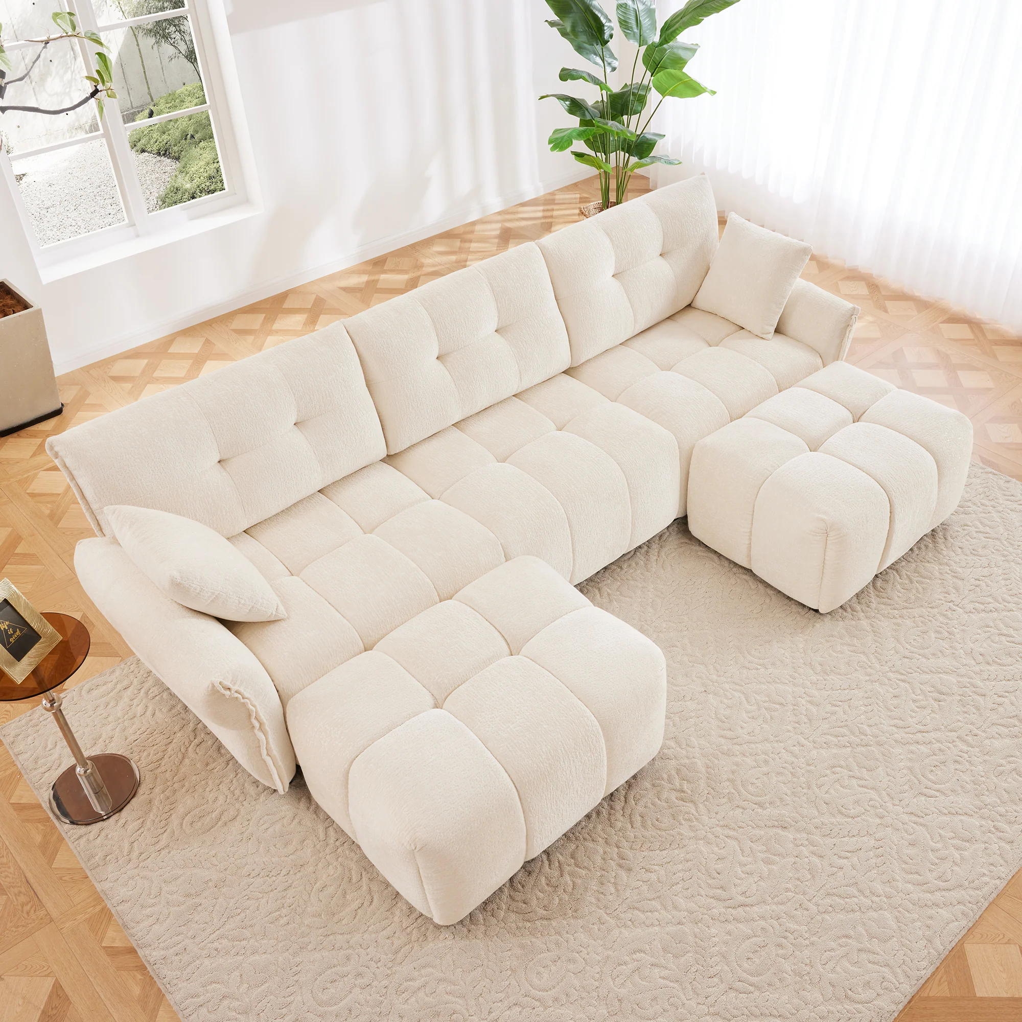 Walker Edison | Chenille Tufted 3 Seater Sofa Set With Ottoman And Throw Pillows