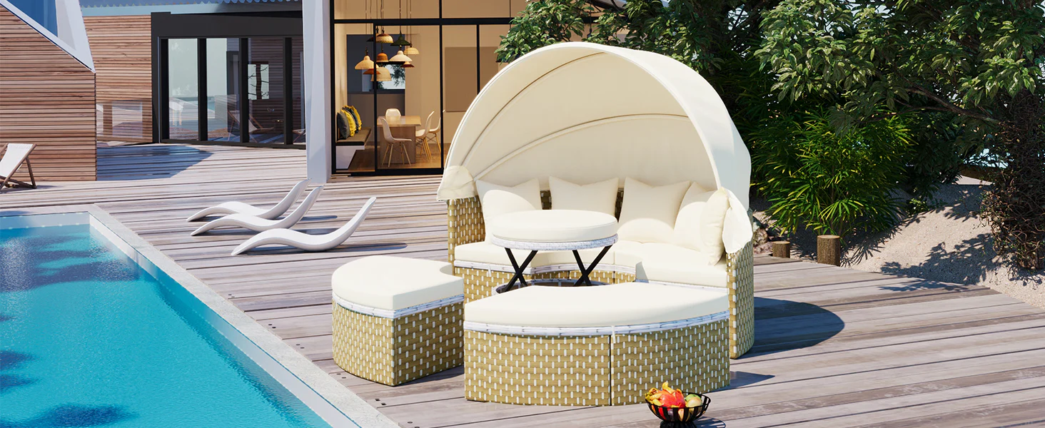 Walker Edison | Outdoor Round Modular Sunbed Sofa Set