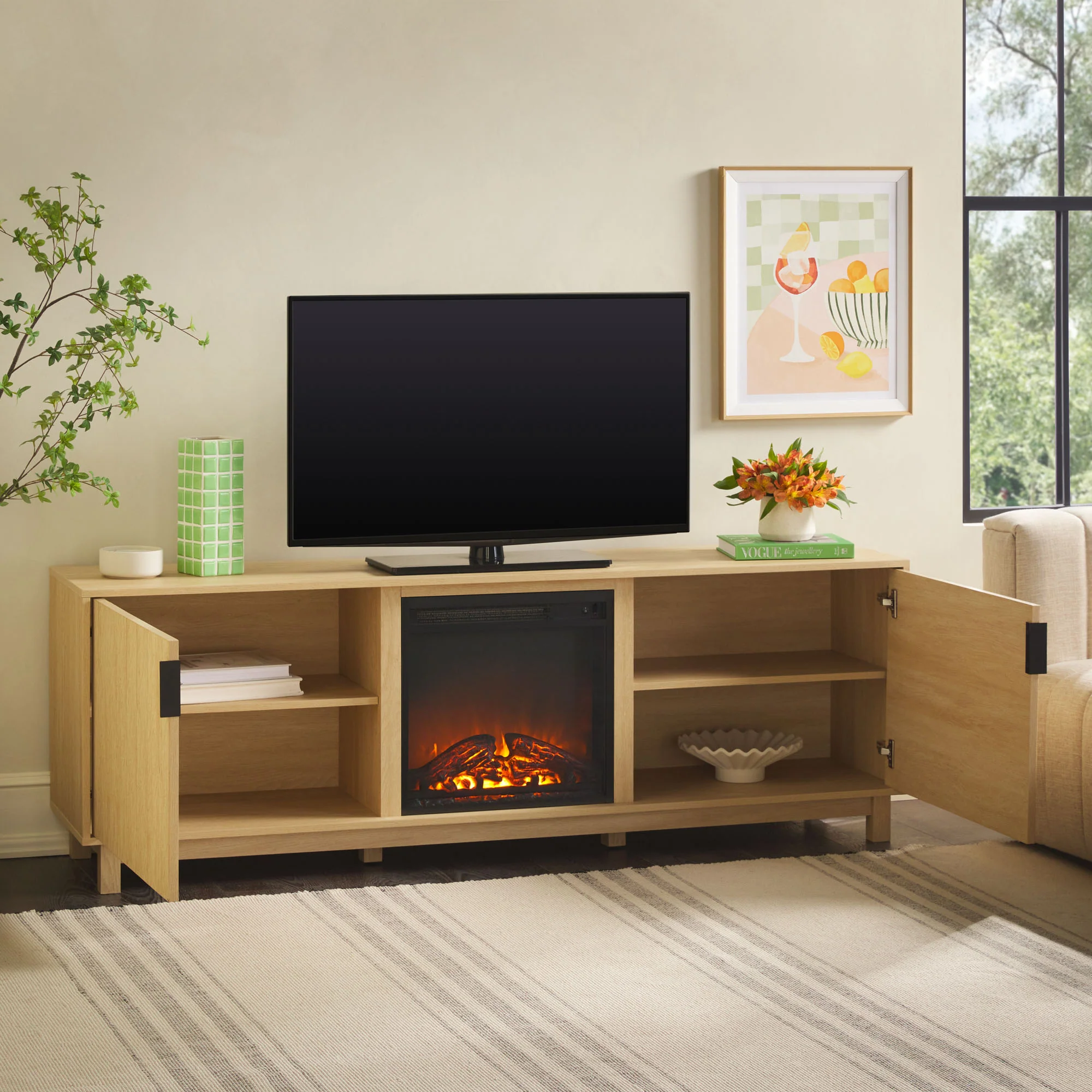 Reema Scandinavian 70 Modern Reeded TV Stand with Freestanding Electric Fireplace