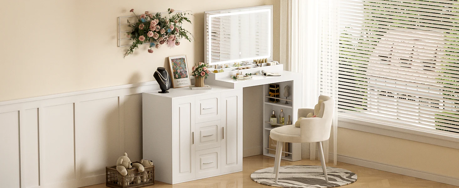 Walker Edison | 59' Dresser and Makeup Vanity Desk with Mirror