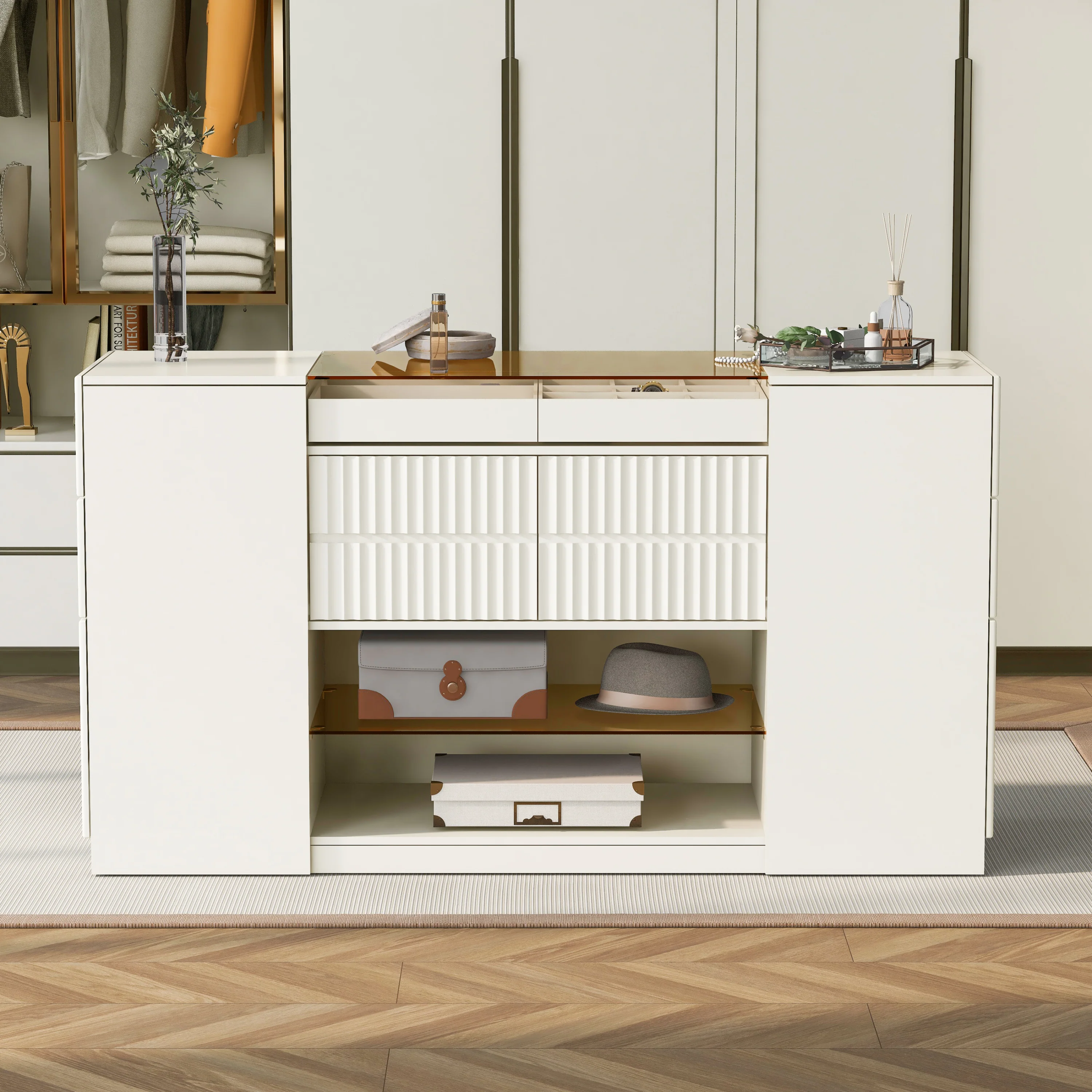 Walker Edison | Modern Multi-Functional Island Vanity Dresser and Storage Cabinet