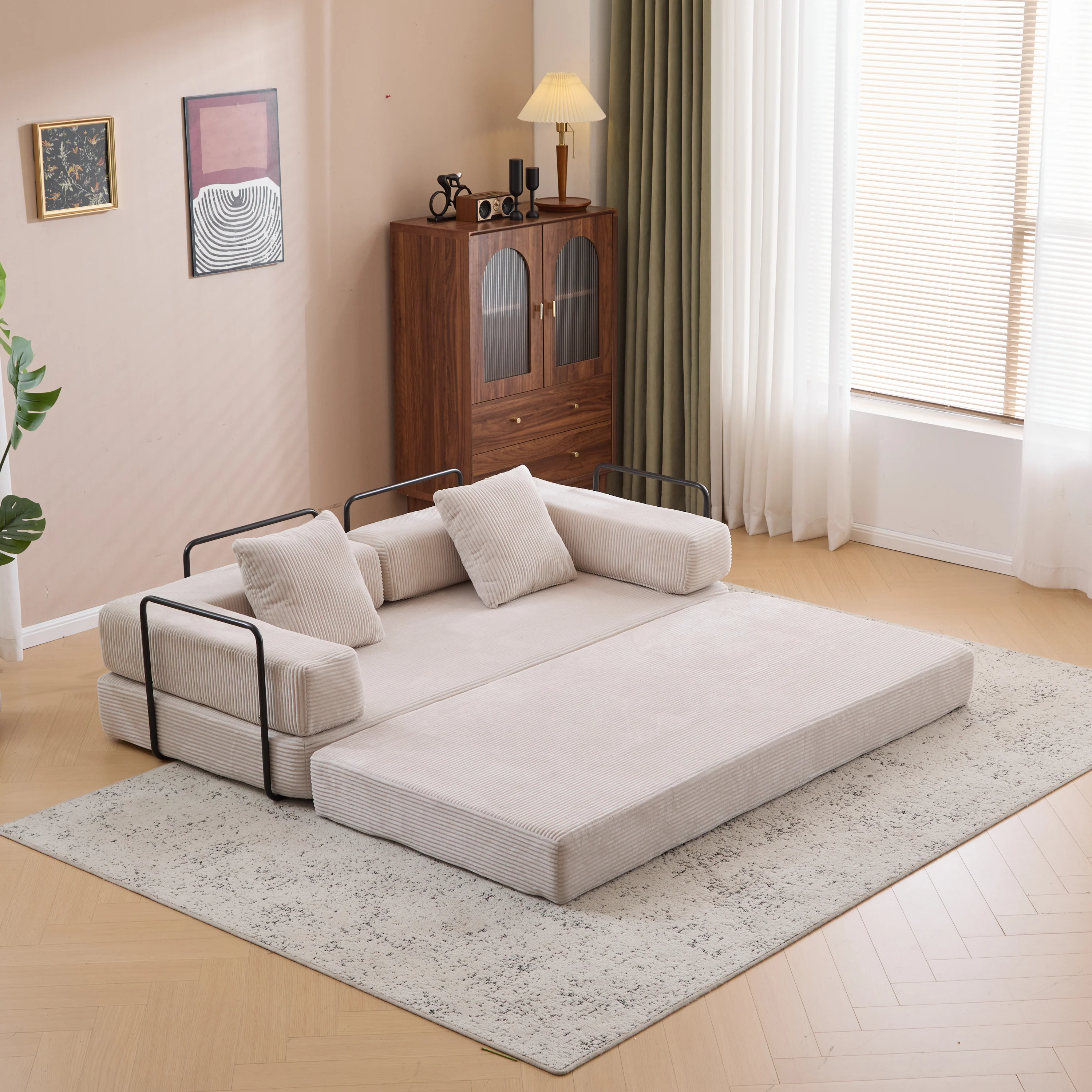 Walker Edison | Futon Corduroy Floor Sofa Bed with Pillows