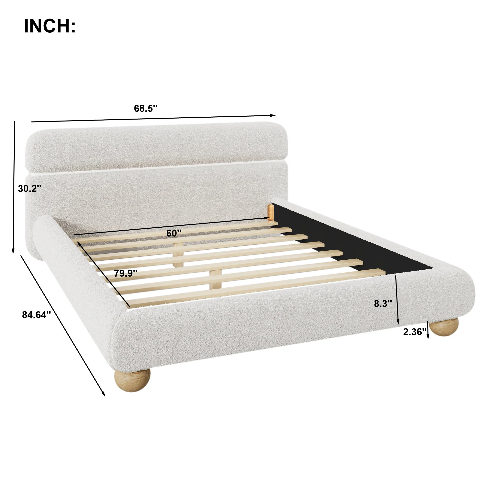 Walker Edison | Contemporary Boucle Queen Bedframe with Solid Round Legs