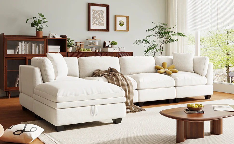 Walker Edison | Modular Sectional Sofa with Removable Storage Ottoman