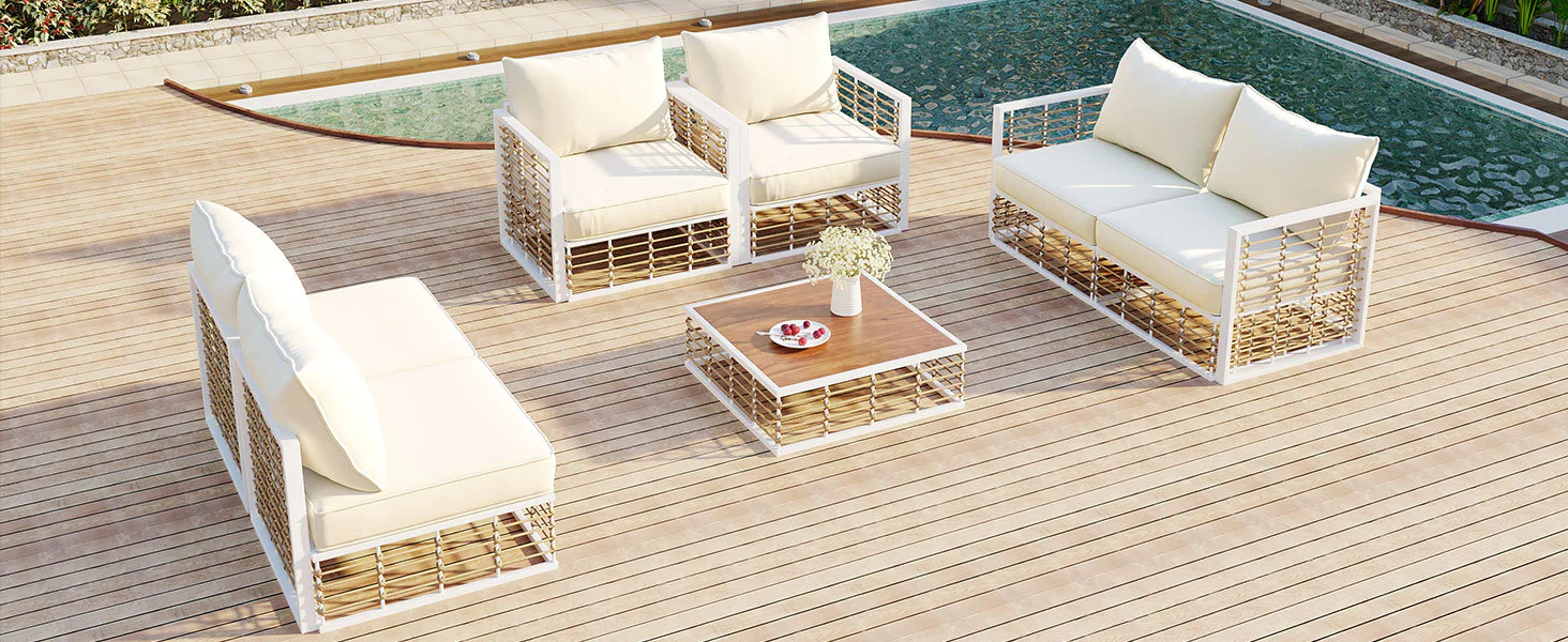 Walker Edison | White Modern Minimalist 7-Piece Metal Outdoor Patio Sectional Sofa Set