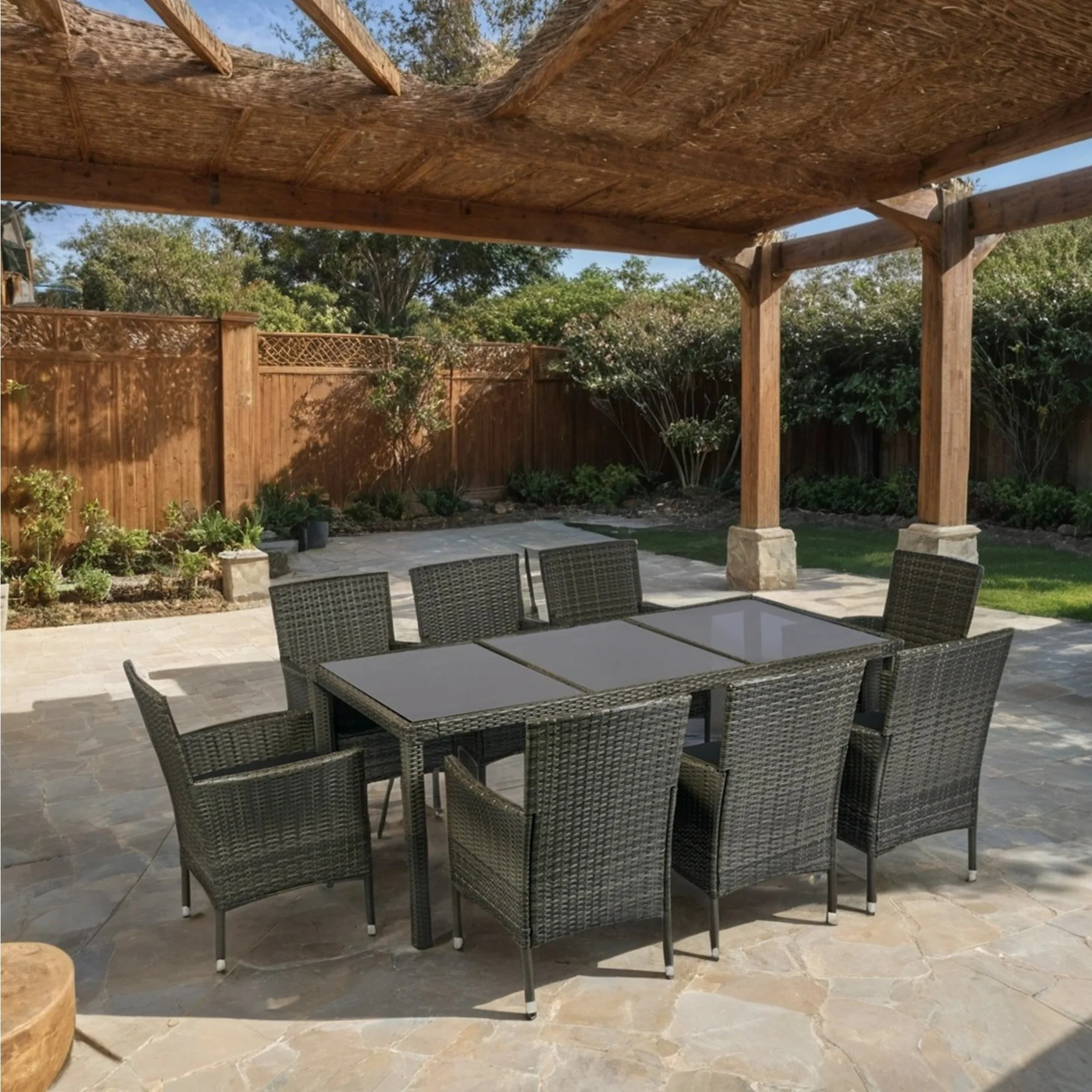 Walker Edison | 9 piece Outdoor Patio Wicker Dining Set with Glass Top