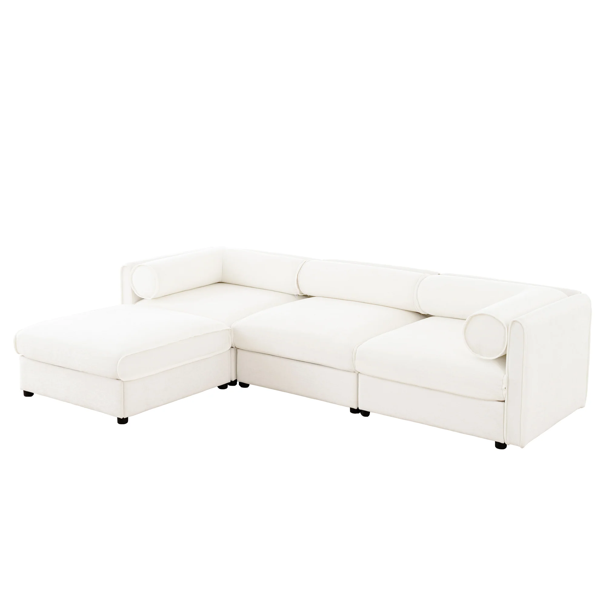 Walker Edison | Contemporary White Chenille L-Shaped Sofa with Storage and Ottoman