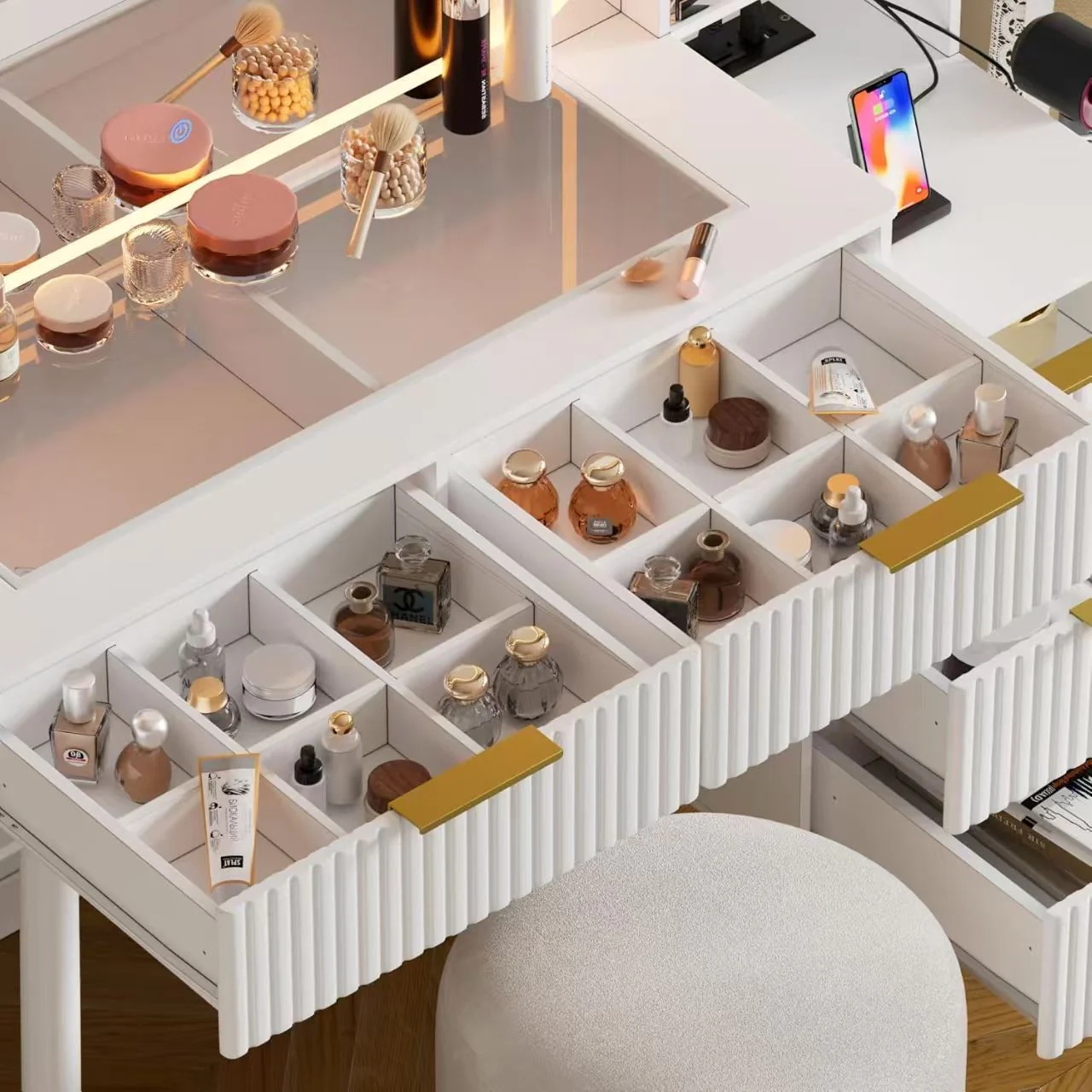 Walker Edison | White Reeded Vanity Desk with with Mirror and Lights with Glass Top and Stool