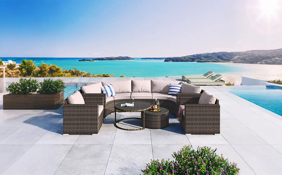 Walker Edison | Half Moon 9-Piece Wicker Outdoor Patio Sofa Set