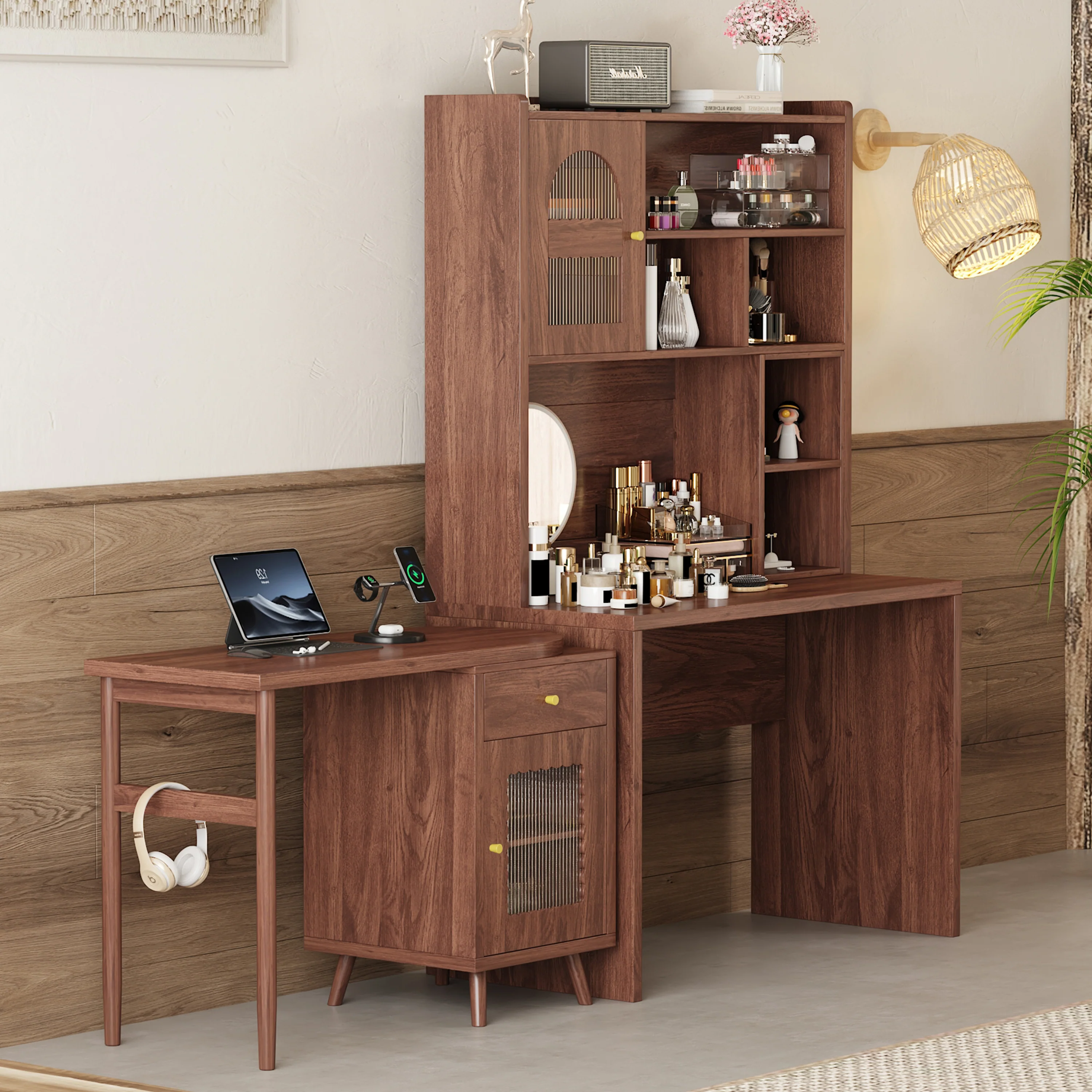 Walker Edison | Computer Desk with 90 Degree Rotating Desktop and Storage