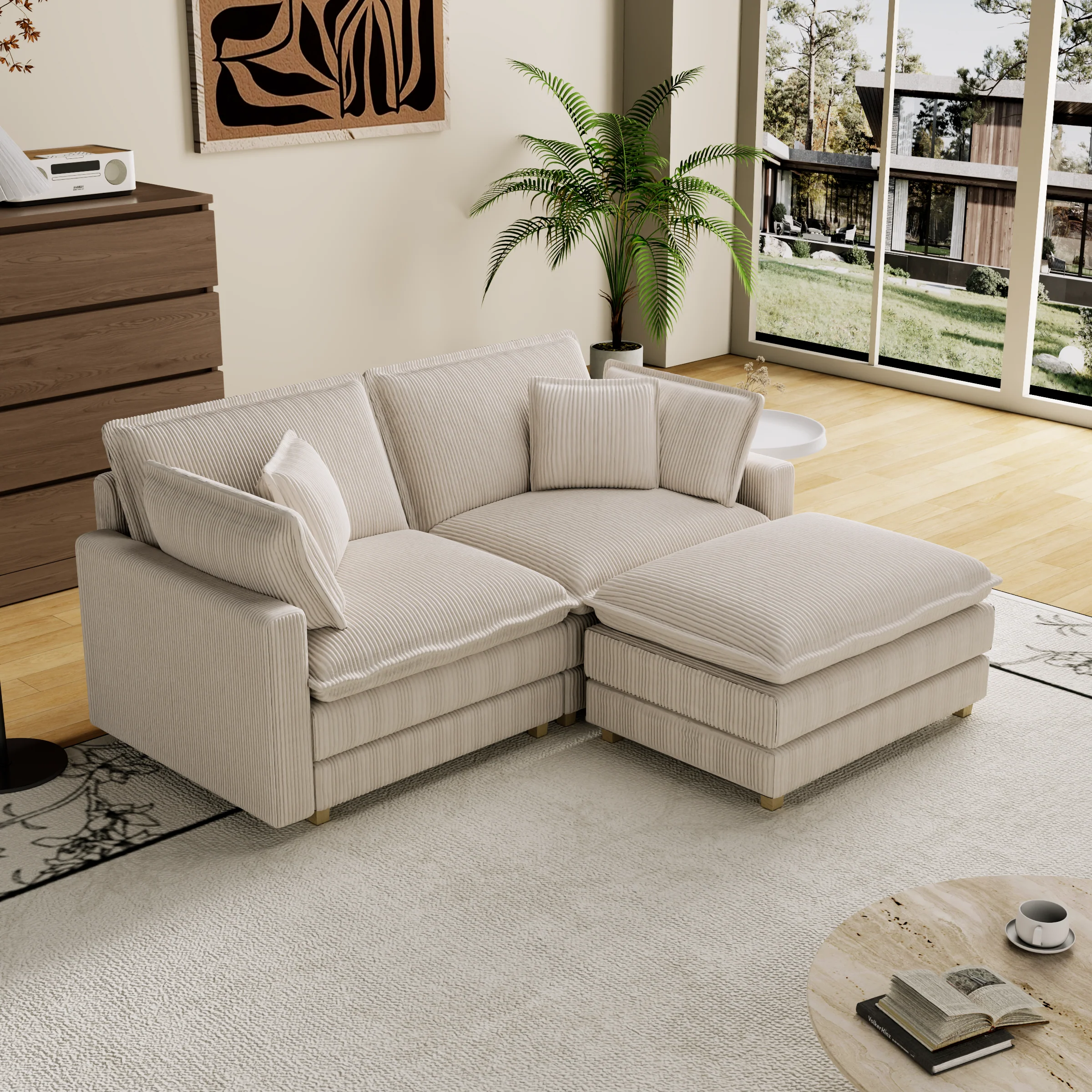 Walker Edison | Corduroy Modular Deep Seat Loveseat Sofa with Ottoman