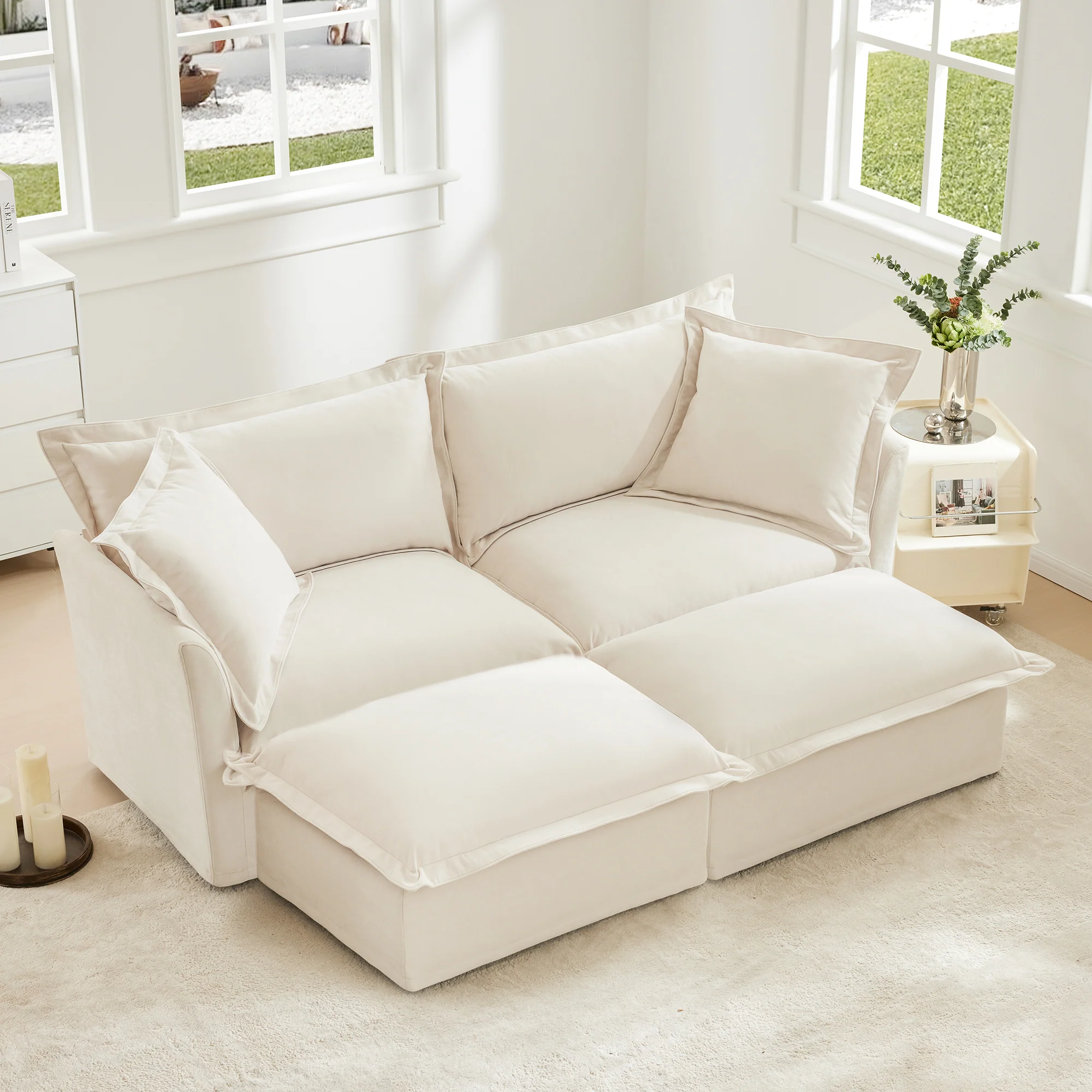 Walker Edison | Wide Deep Seat Slipcovered Beige Loveseat Sofa with 2 Ottomans