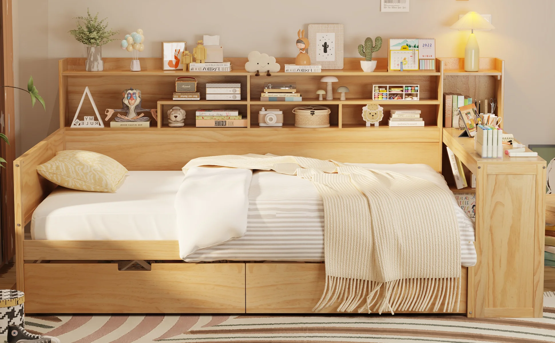 Walker Edison | Multi-functional Wooden Full Size Daybed with Storage Shelves