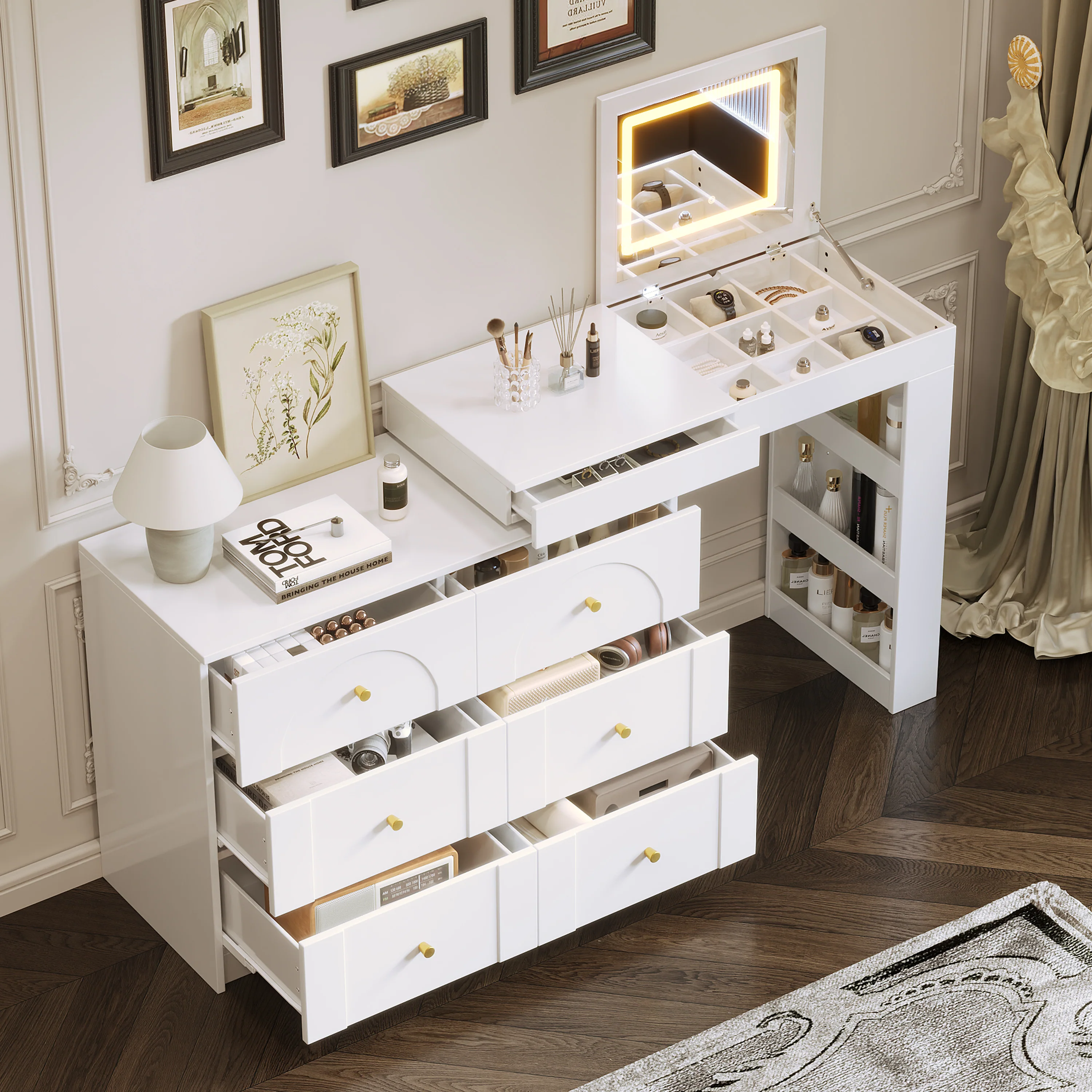 Walker Edison | White Multi-Functional Vanity Desk Dresser Set with Flip Mirror and Lights