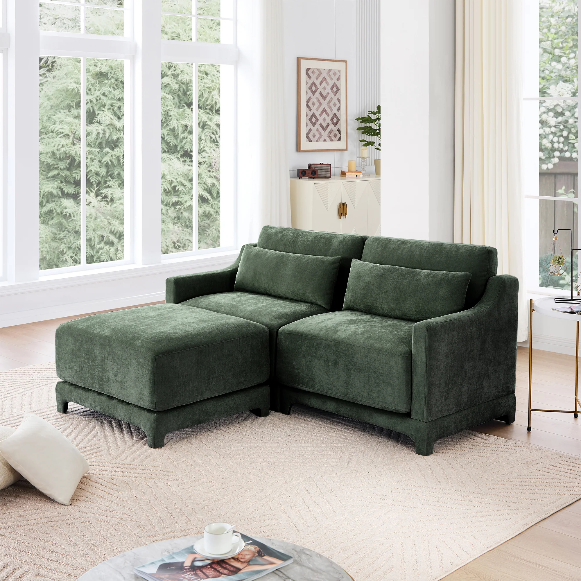 Walker Edison |Ergonomic Design Green Chenille Loveseat Sofa with Ottoman