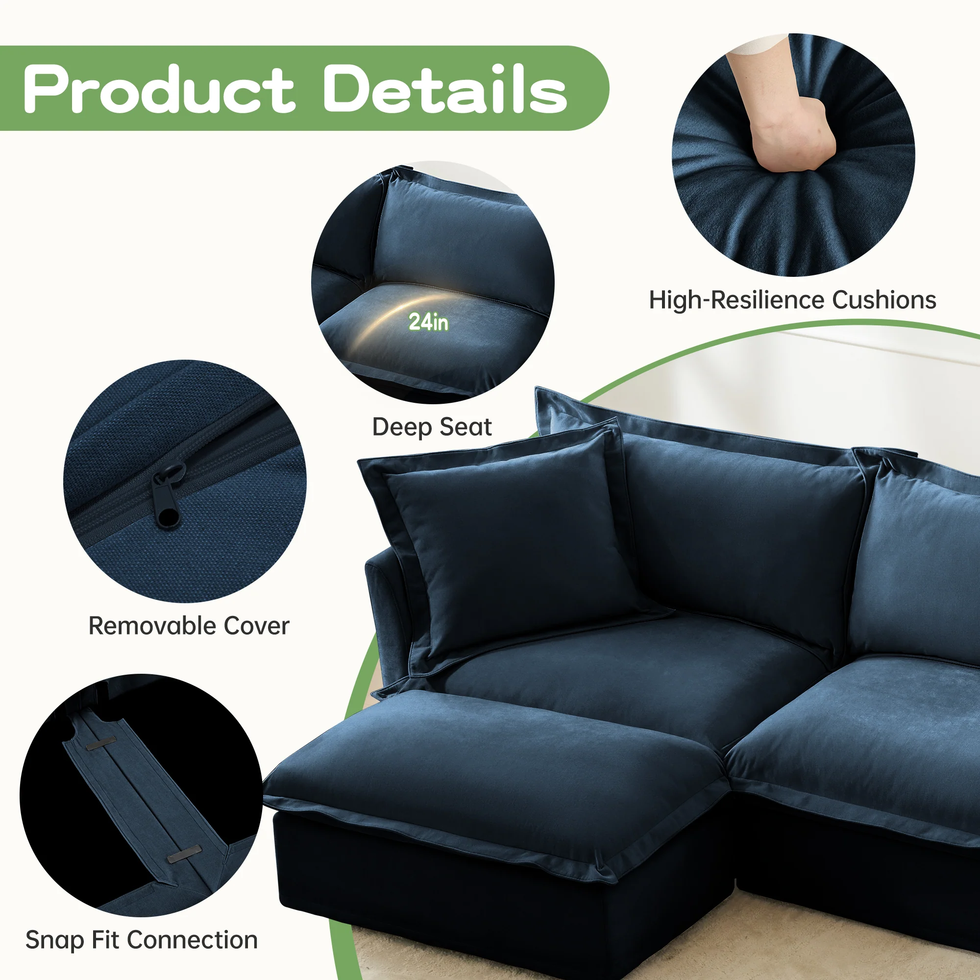 Walker Edison | Deep Seat Blue Slipcovered Loveseat Sofa with Two Ottomans