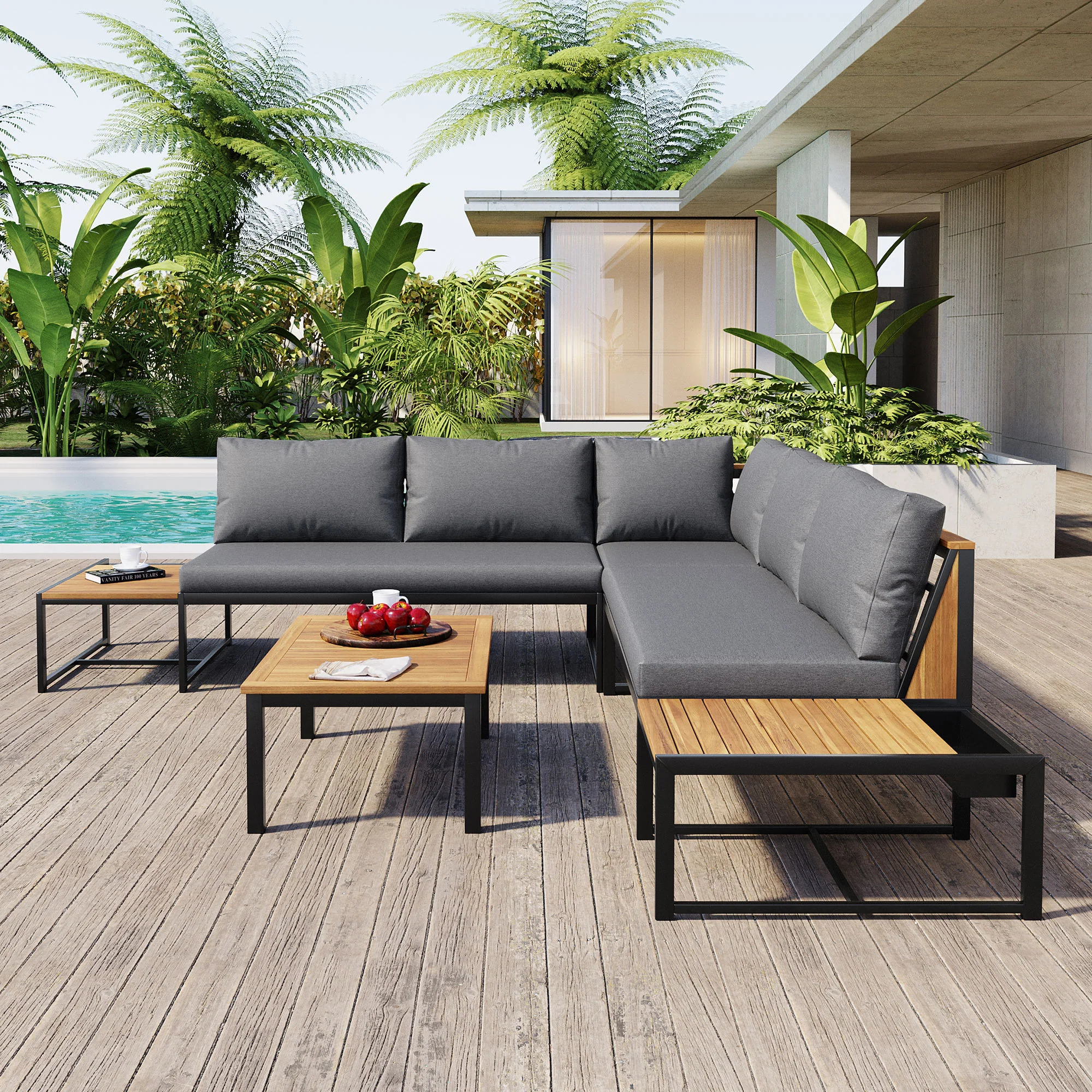 Walker Edison | 4 Pieces Outdoor Patio Sofa Sectional Set with Coffee and Side Tables