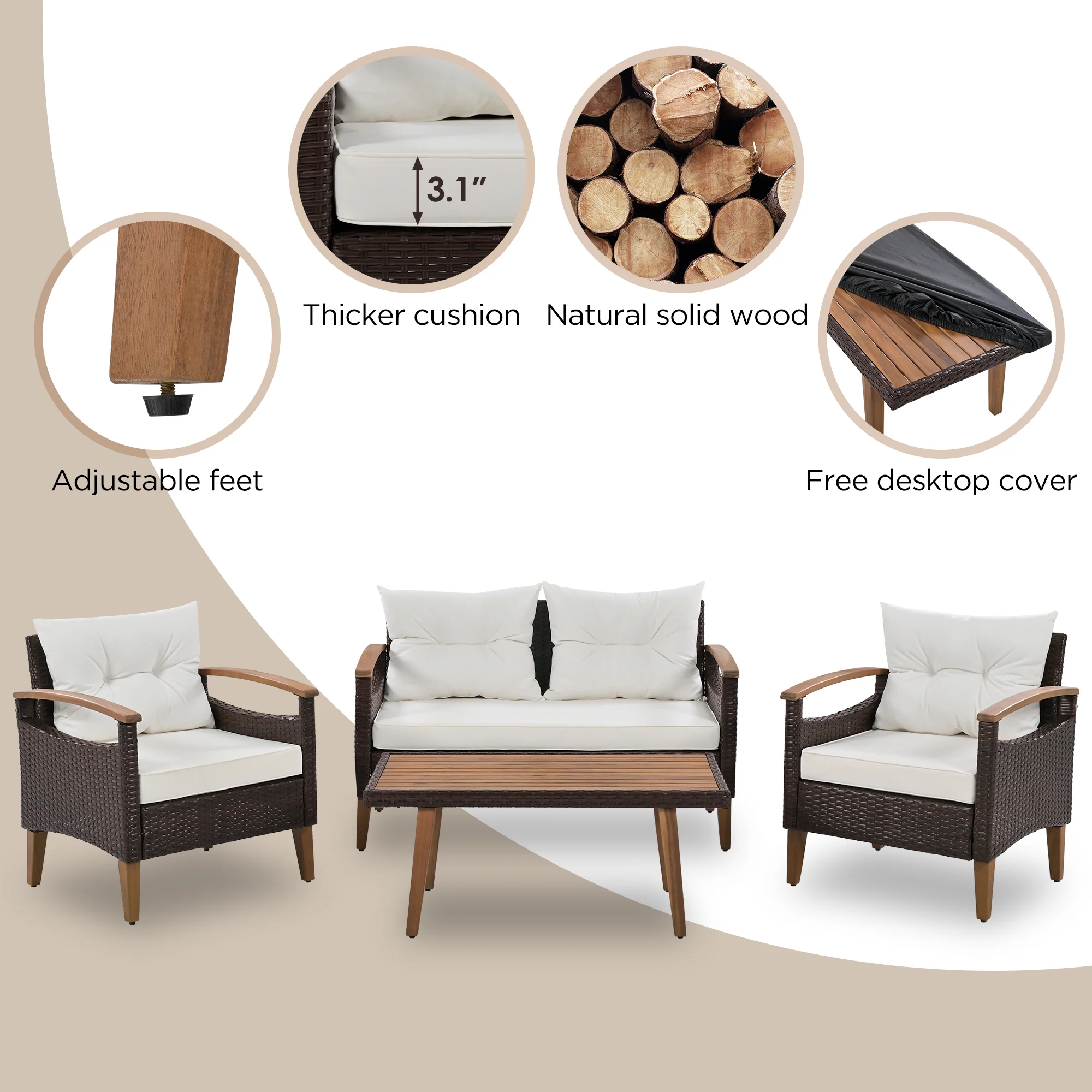Walker Edison | 4-Piece Brown Rattan Outdoor Sofa Set with Table