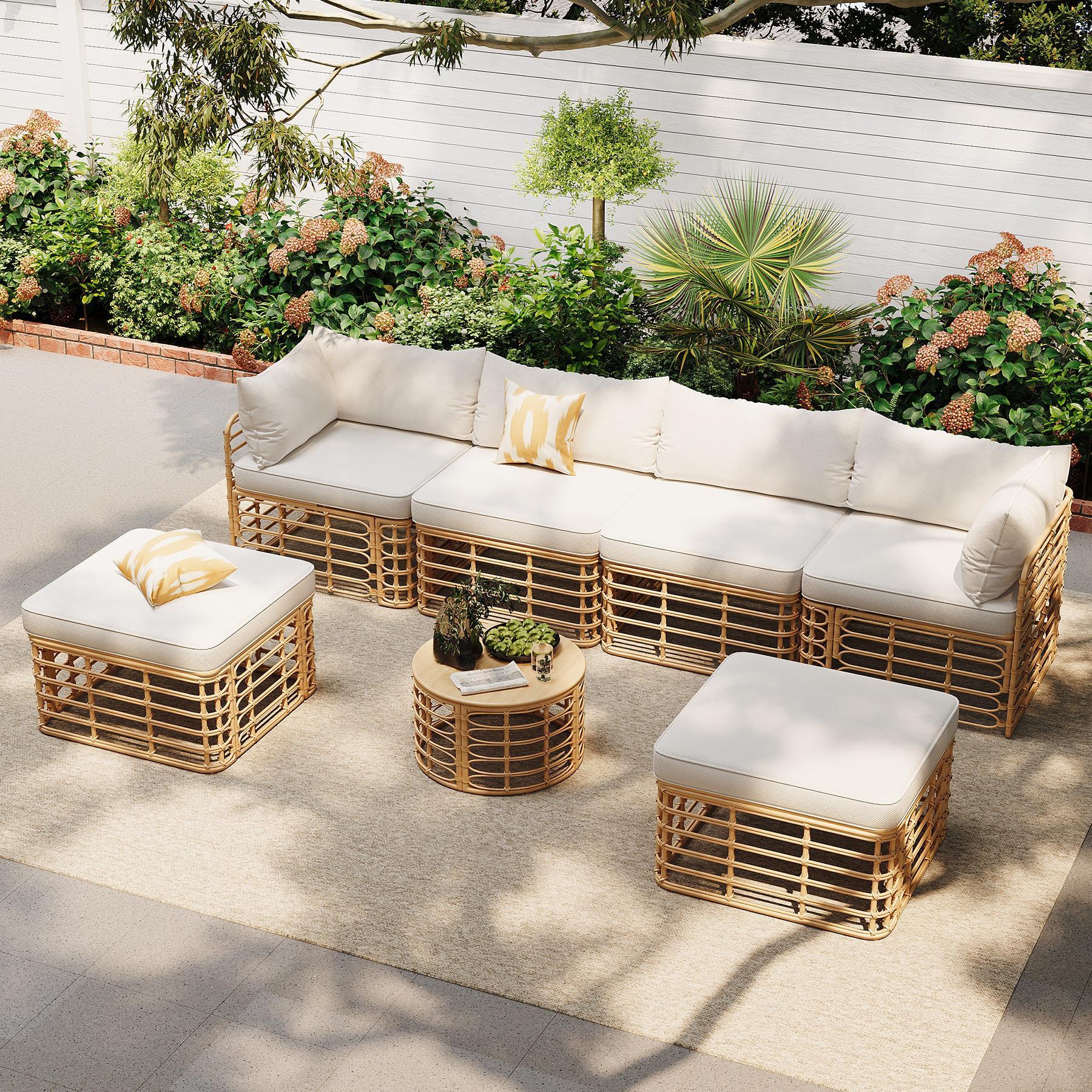 Walker Edison | All-Weather Rattan 7 Piece Outdoor Patio Furniture Set