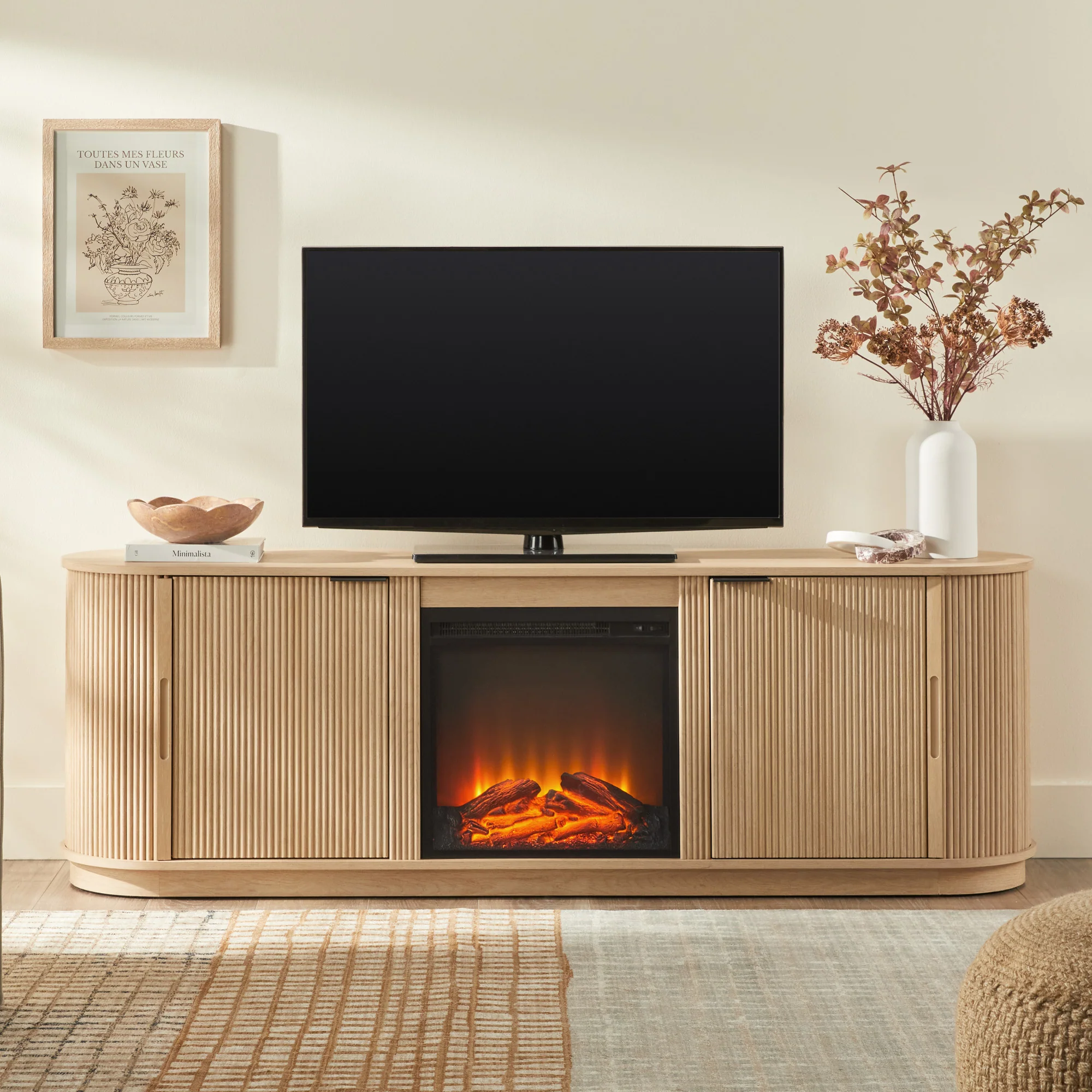 Chloe Modern Scandinavian Reeded Fireplace TV Stand in 2 Sizes