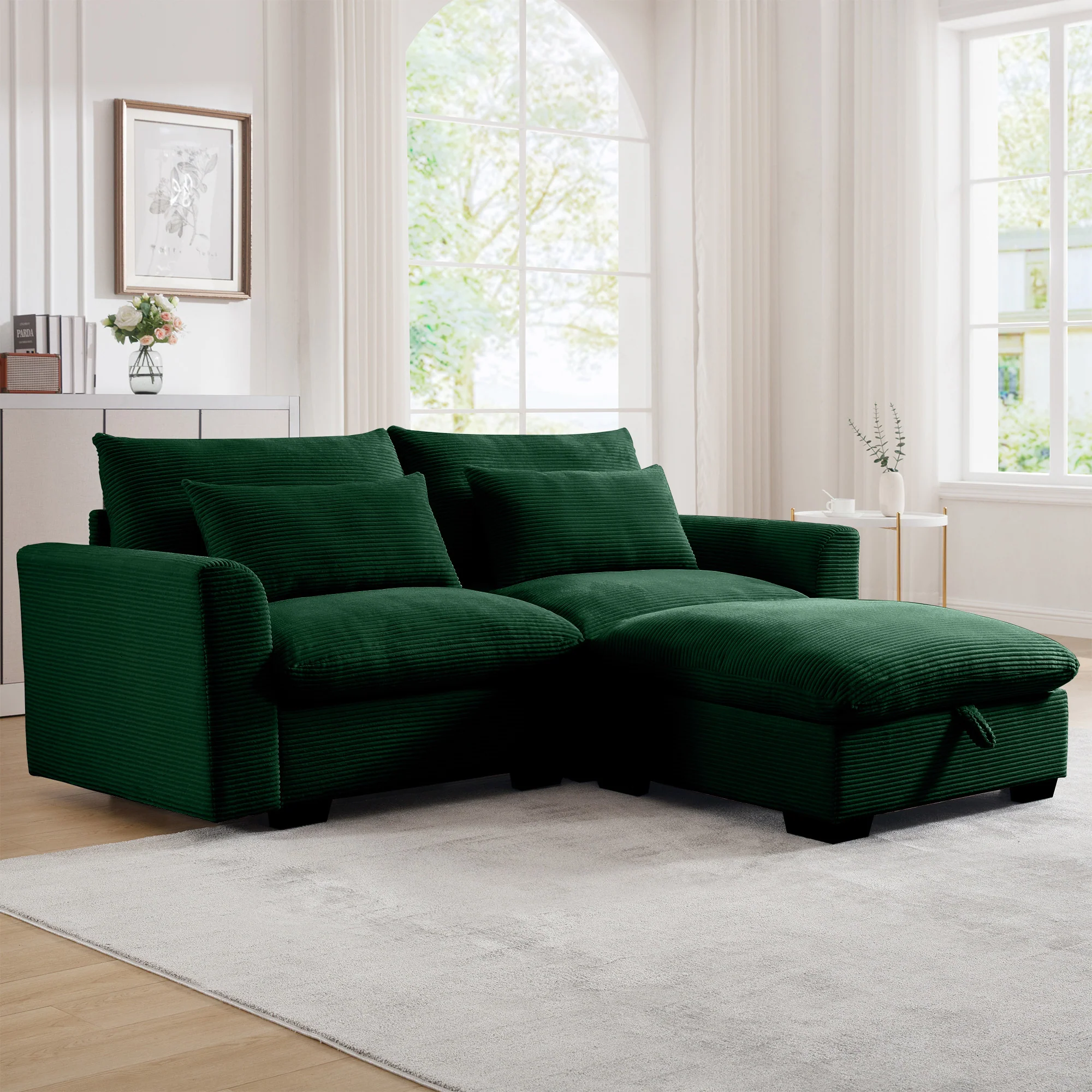Walker Edison | Lux Green Corduroy Cloud Modular Loveseat Couch with Storage Ottoman