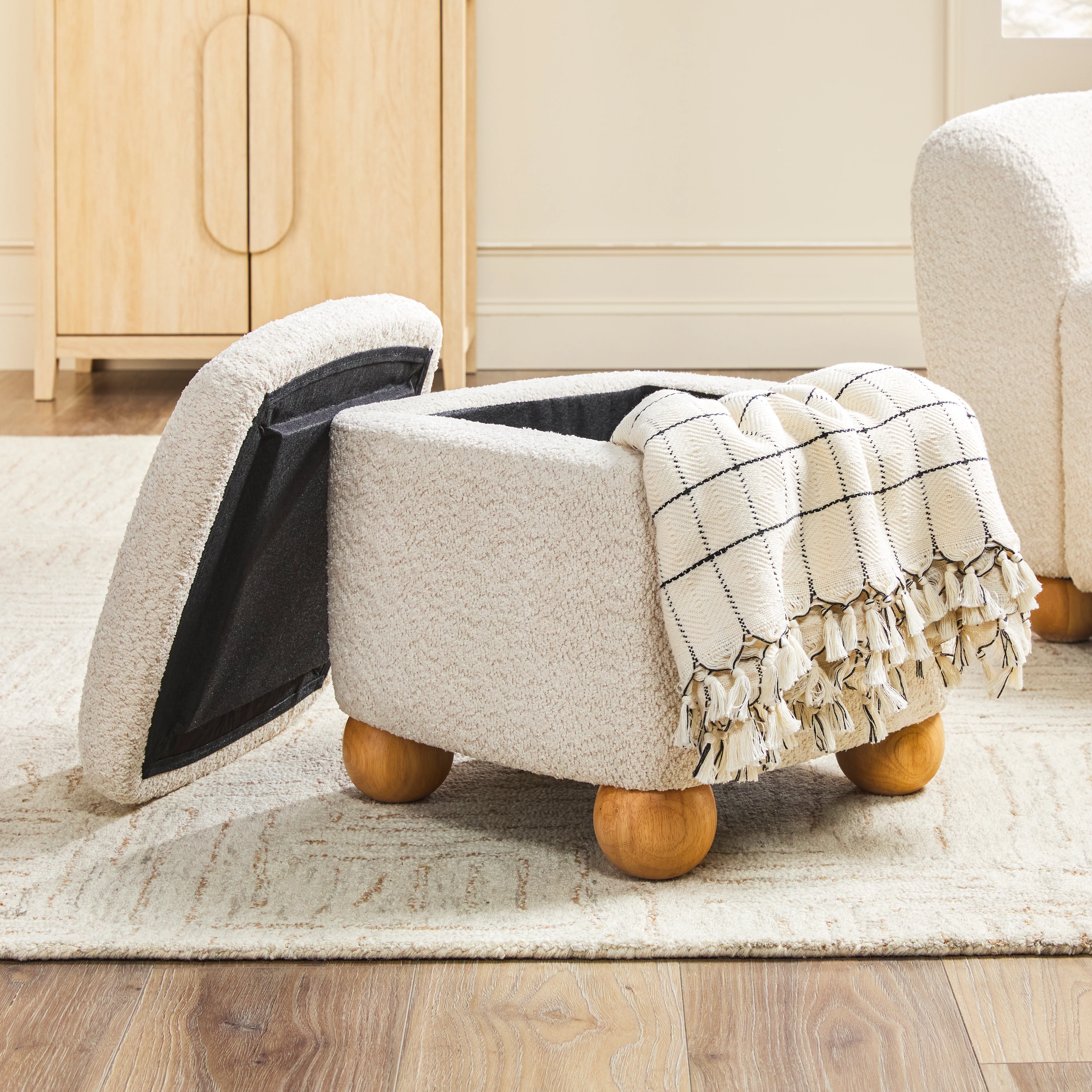 Linley Contemporary Boucle Easy Assembly Upholstered Small Storage Ottoman