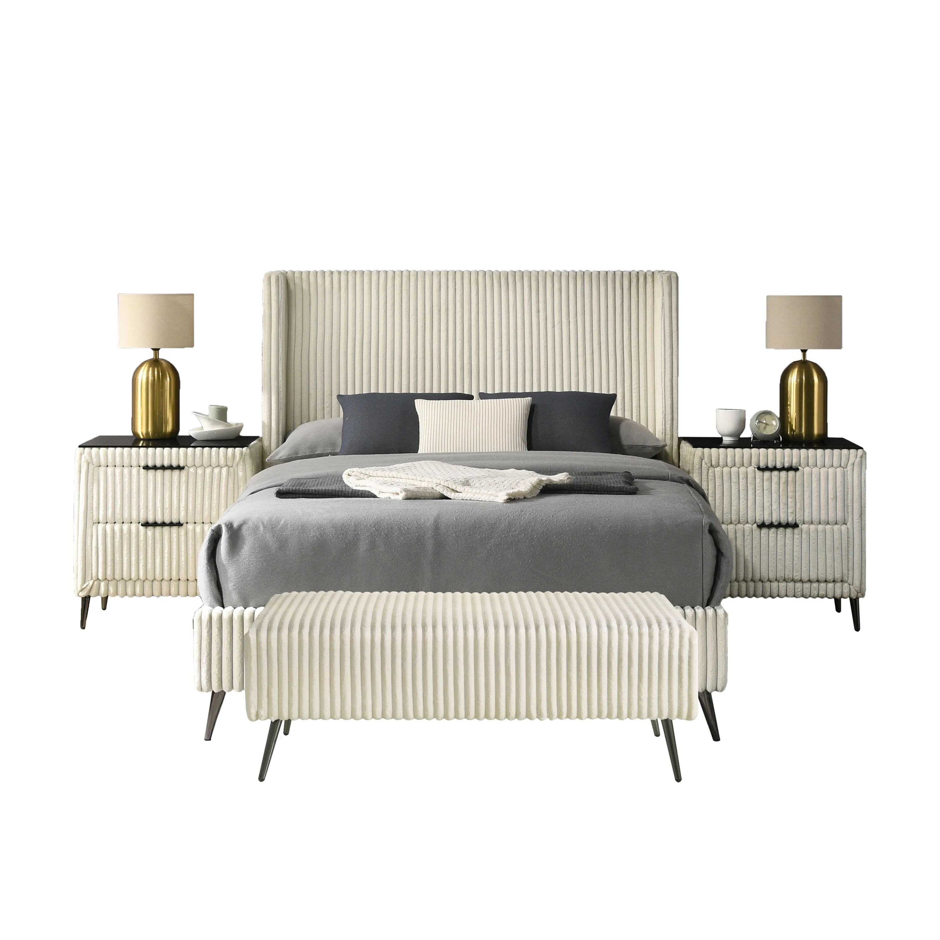 Walker Edison | Corduroy Upholstery Queen Bed with 2 Nightstands and Bench