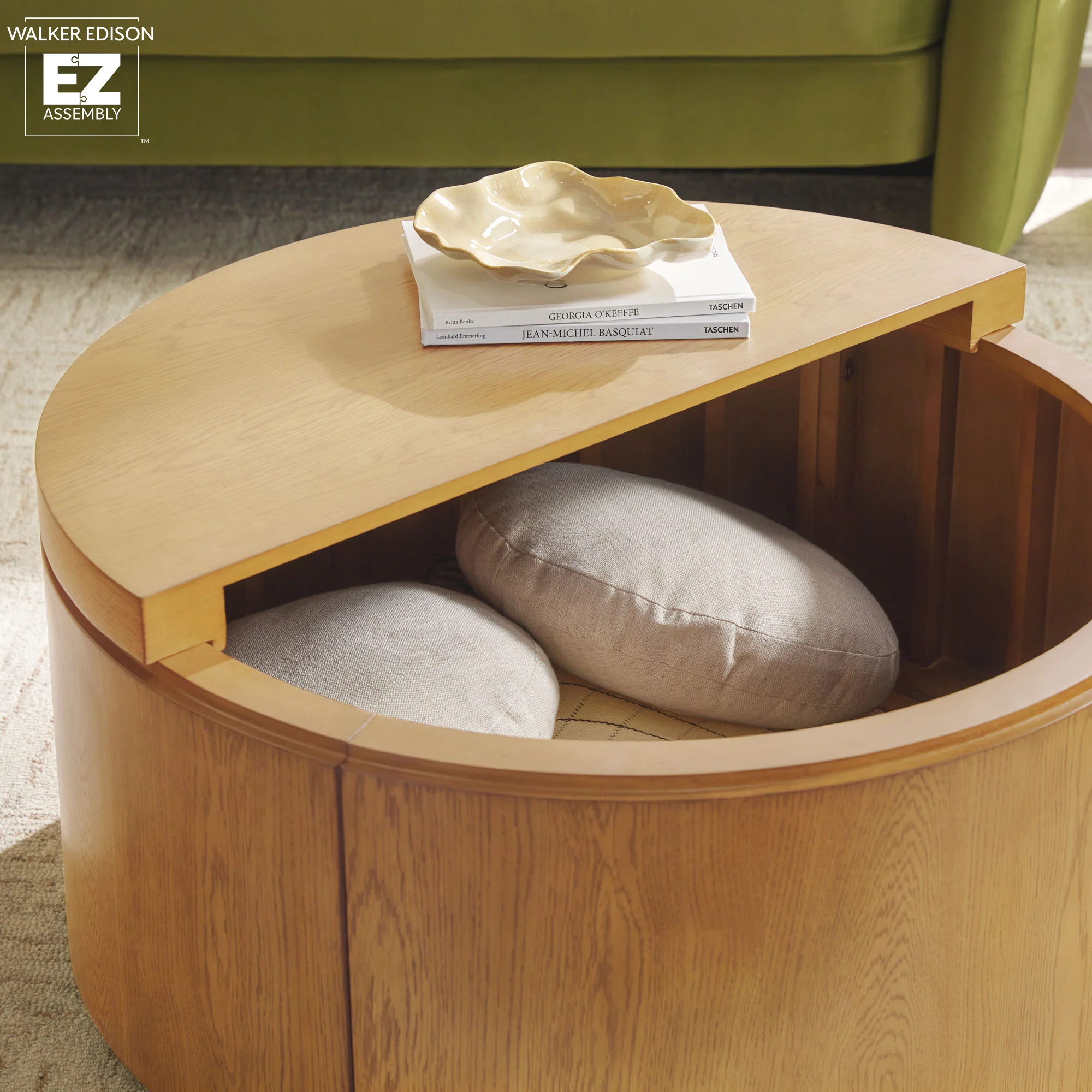 Maya 36 Modern Easy Assembly Round Oak Wood Veneer Coffee table with Storage