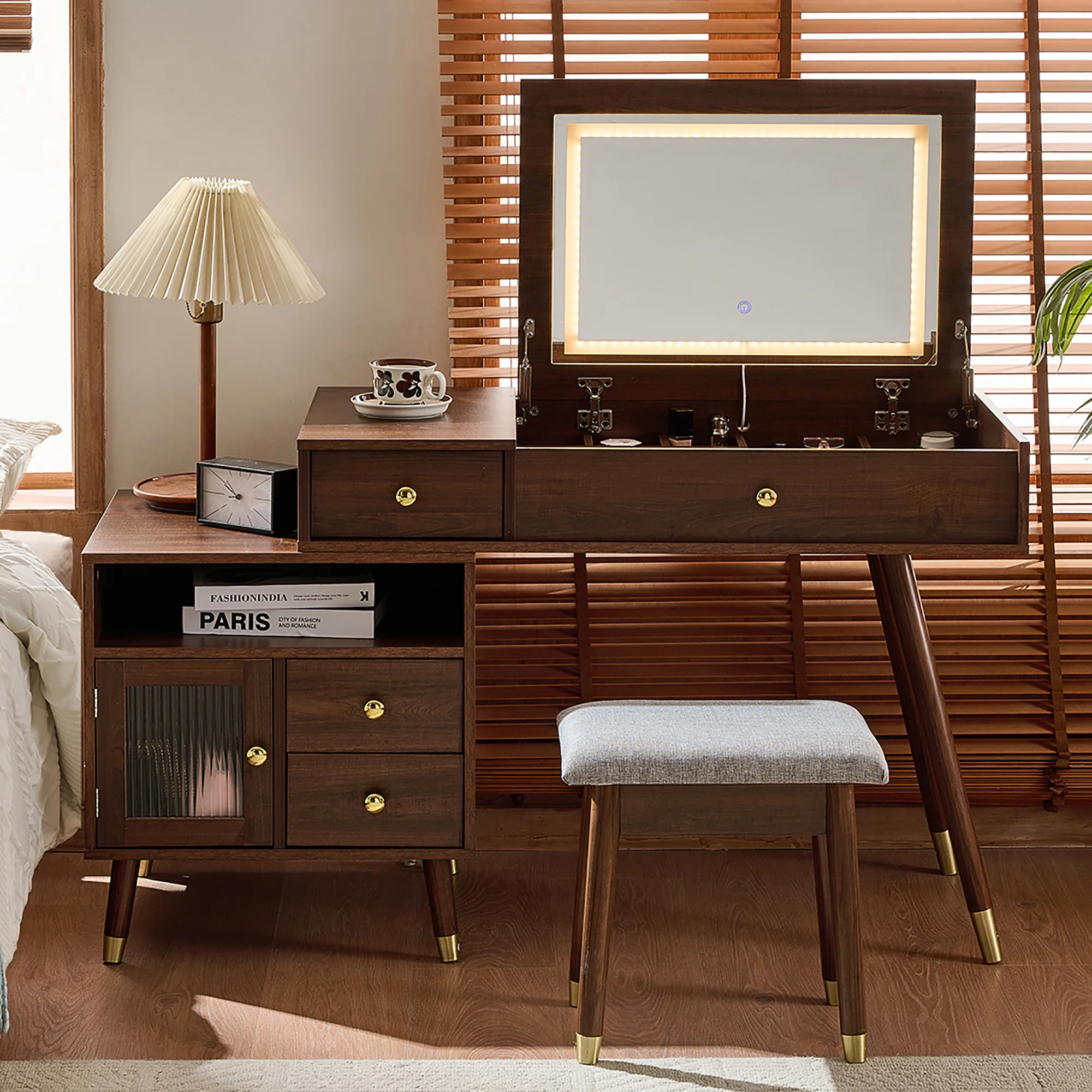 Walker Edison | 3-in-1 Makeup Vanity Desk with Lighted Flip-Top Mirror and Stool