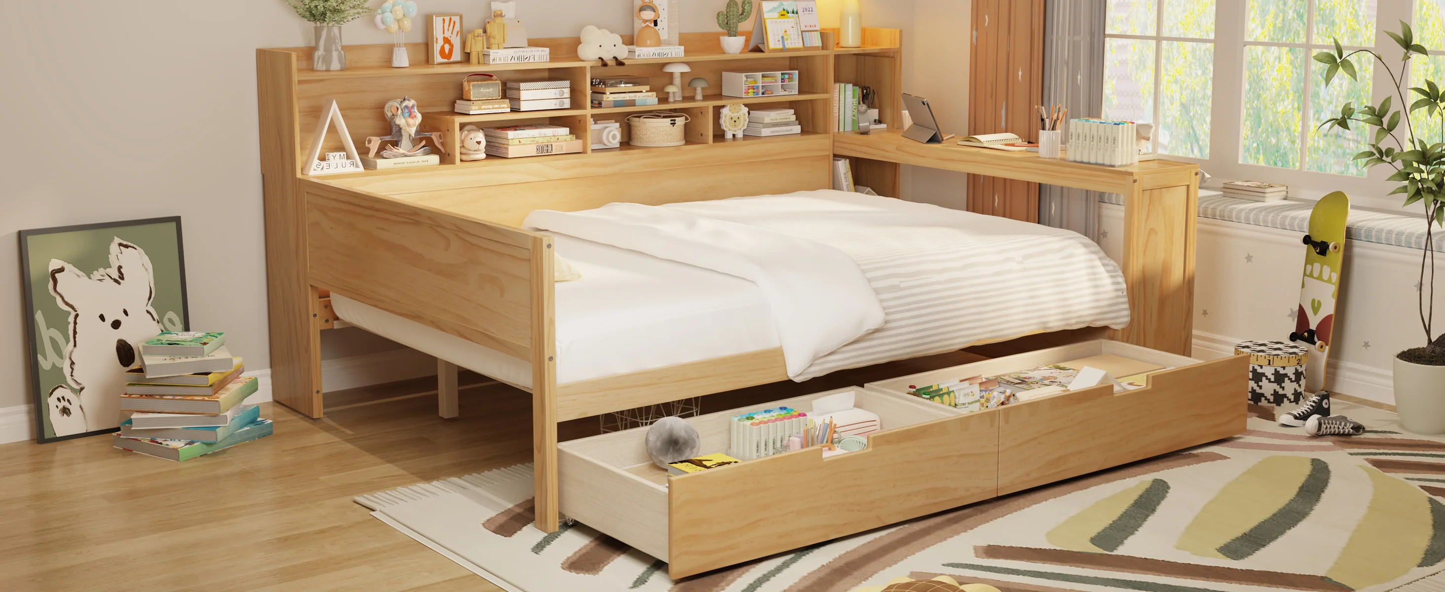 Walker Edison | Multi-functional Wooden Full Size Daybed with Storage Shelves