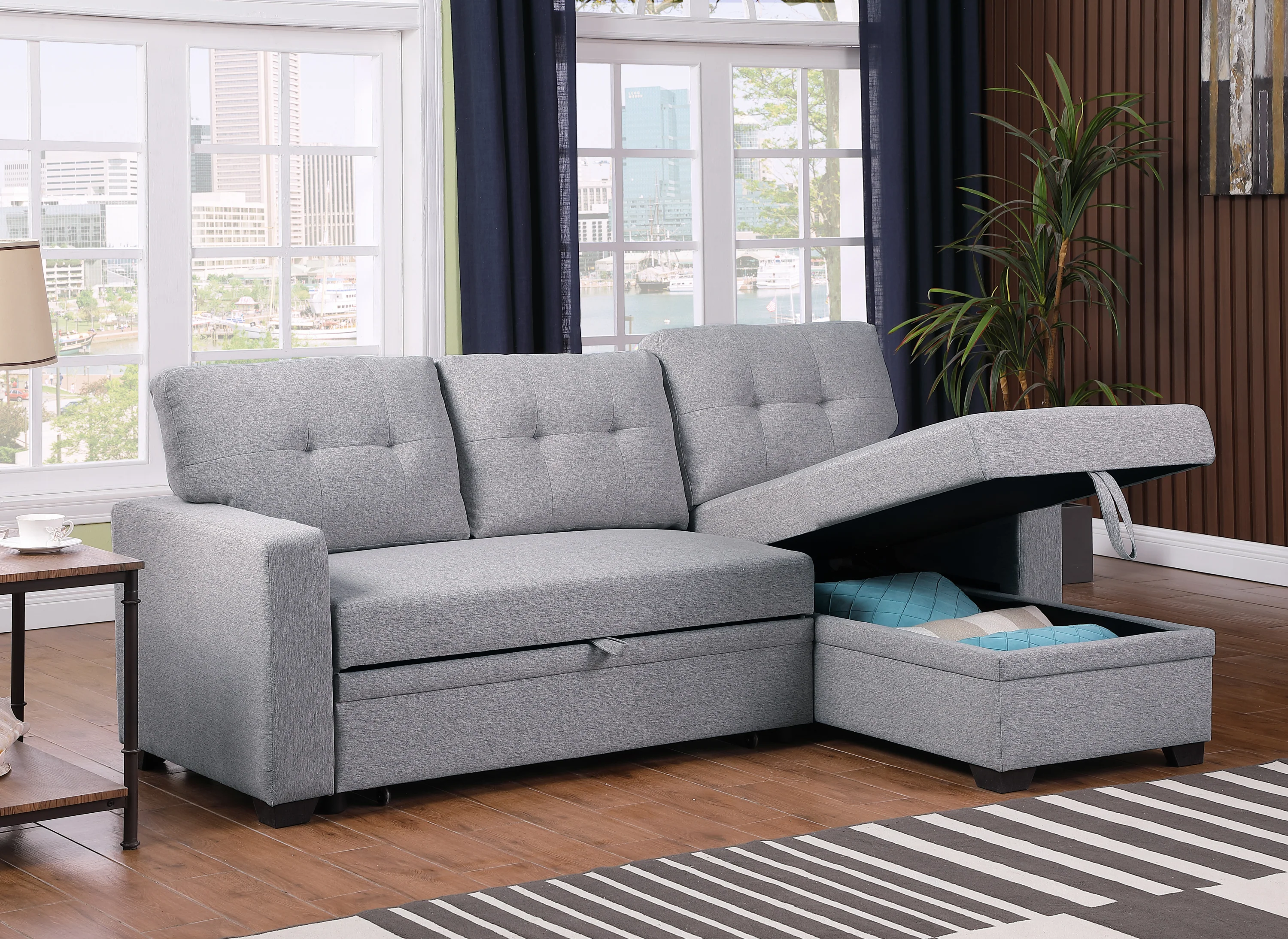 Walker Edison | Linen Pull Out Sectional Sofa with Storage Chaise