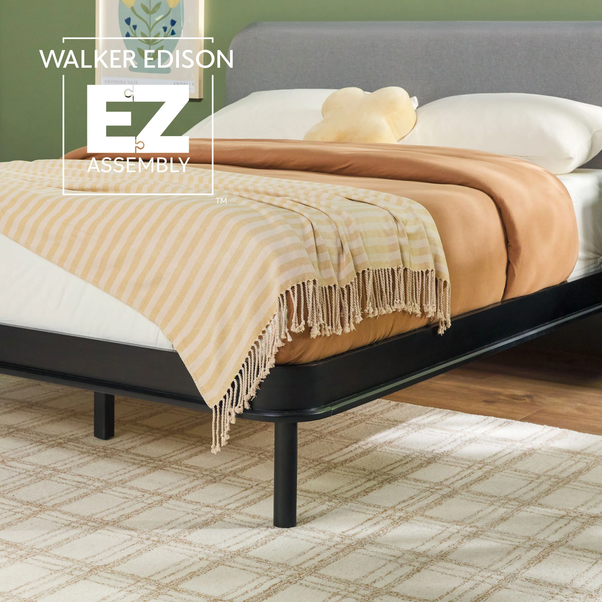 Annette Contemporary Upholstered Headboard Curved Wood Bed Frame