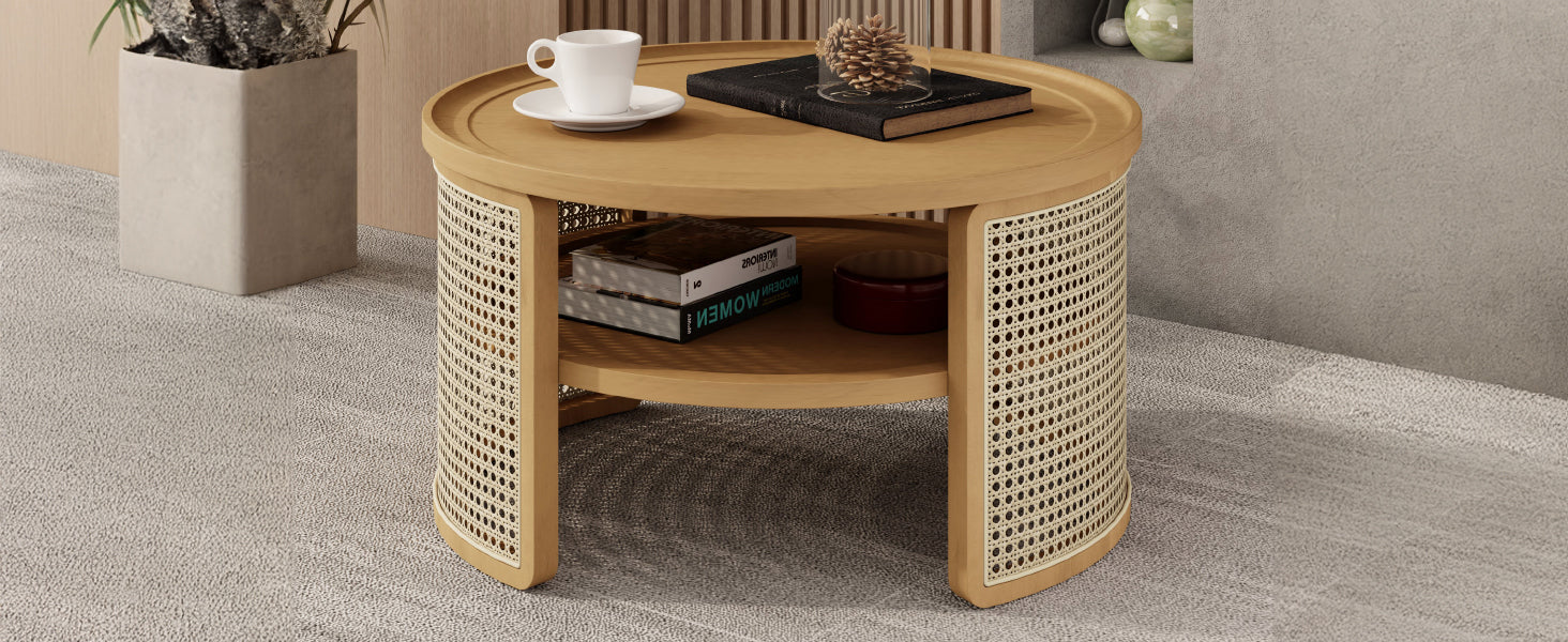 Walker Edison | Tiered Round Rattan Coffee Table with Storage