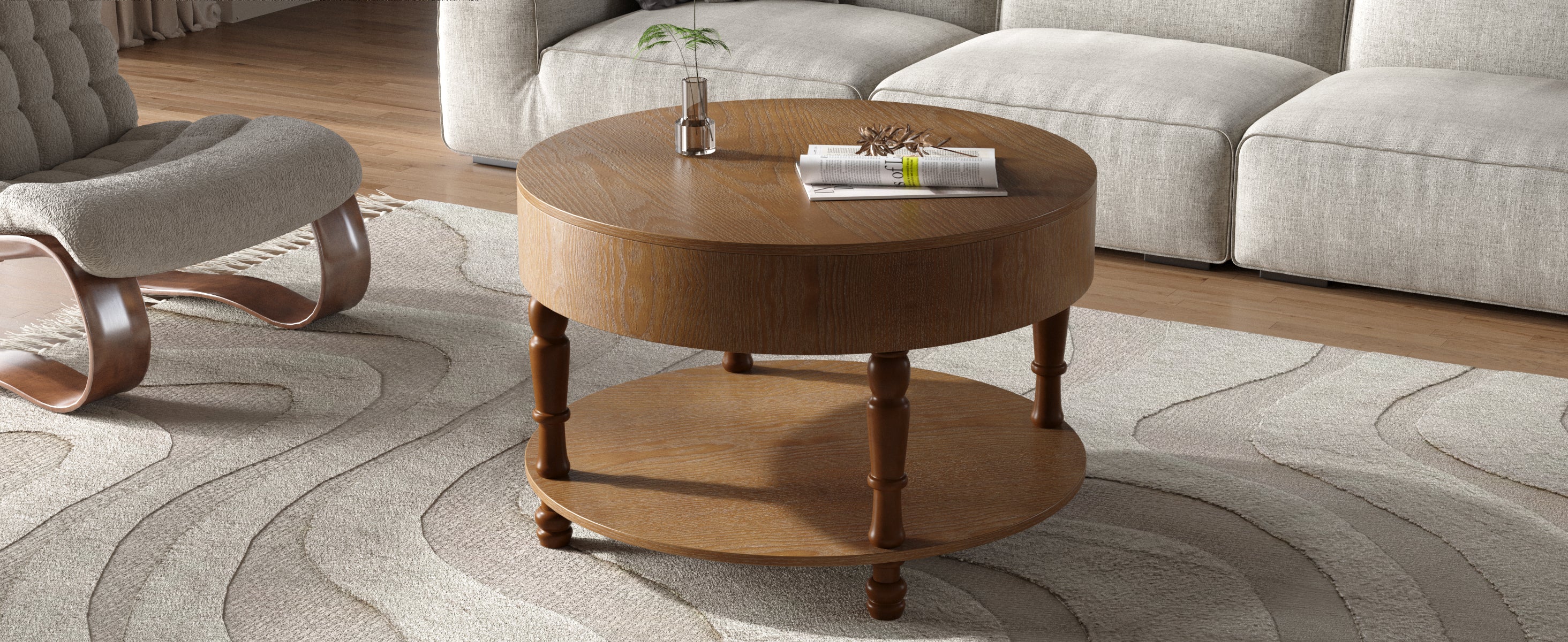 Walker Edison | Elevated Traditional 31.5' Round Coffee Table with Dual Storage