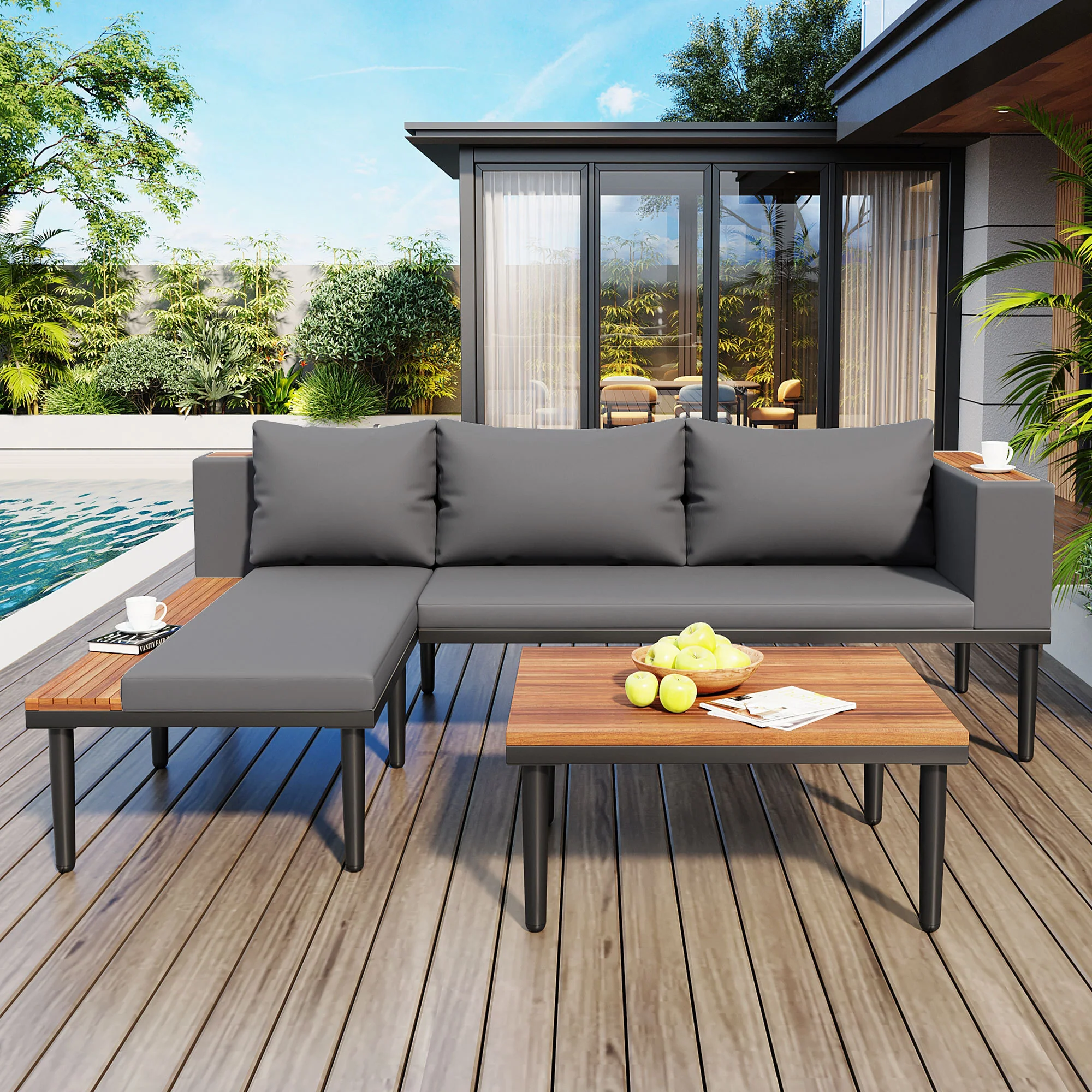 Walker Edison | Acacia Wood Outdoor Patio Sofa Set with Side Table