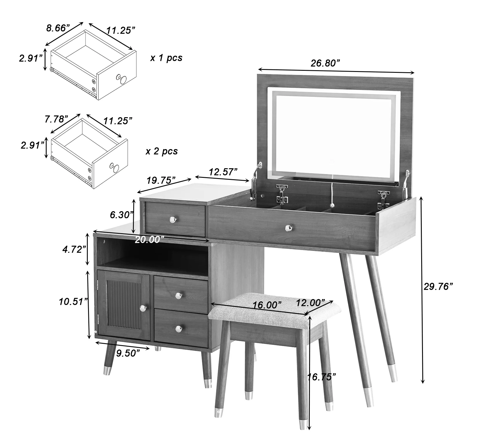 Walker Edison | 3-in-1 Makeup Vanity Desk with Lighted Flip-Top Mirror and Stool